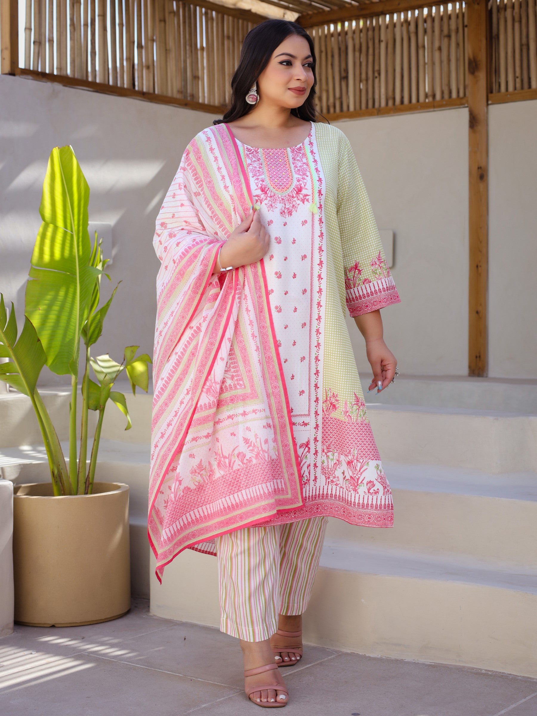 Multi-Colored Floral Printed & Stripped Rayon Plus Size Kurta Pants & Dupatta Set With Beads & Sequins (3-Pcs)