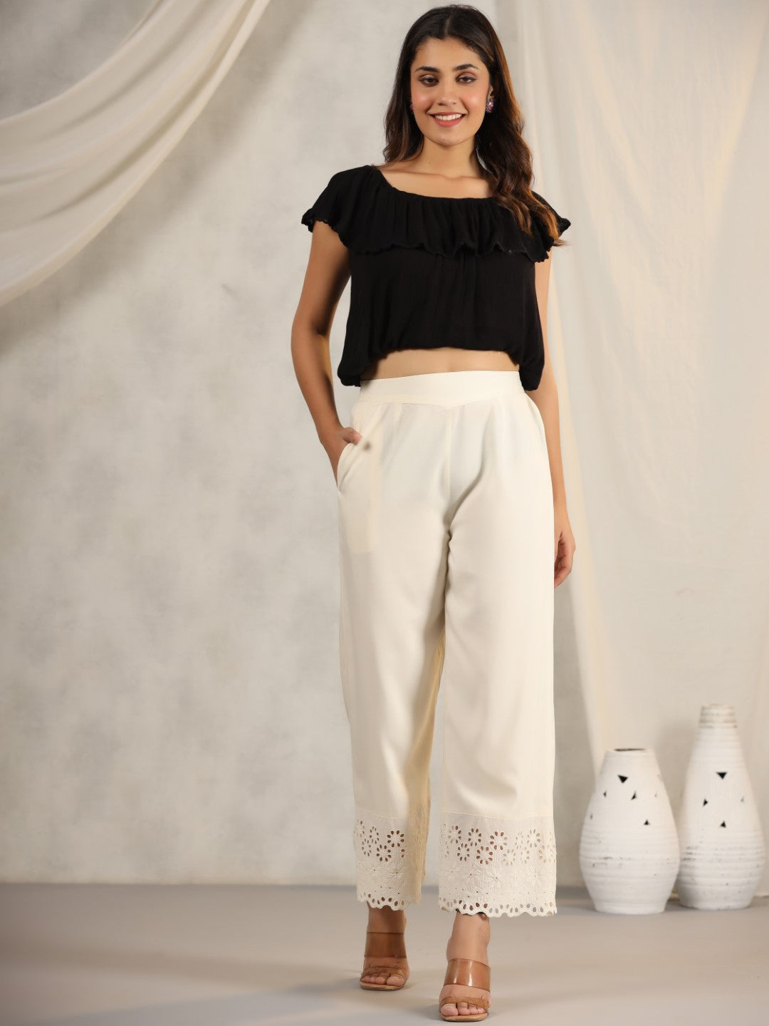Juniper Natural Solid Modal Rayon Women Pants With Schiffli At Hem & Side Pockets