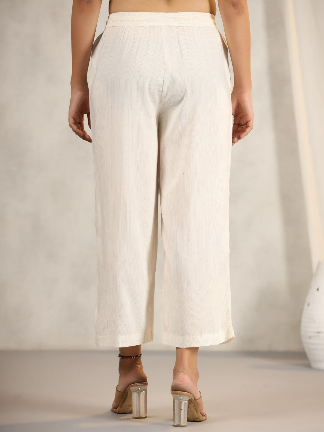 Ivory Stripped Modal Rayon Women Pants With Single Side Pockets & Drawstring