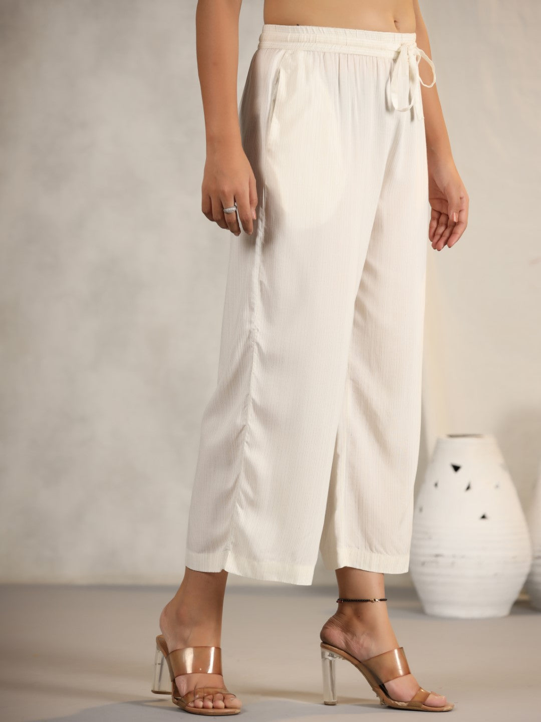 Ivory Stripped Modal Rayon Women Pants With Single Side Pockets & Drawstring