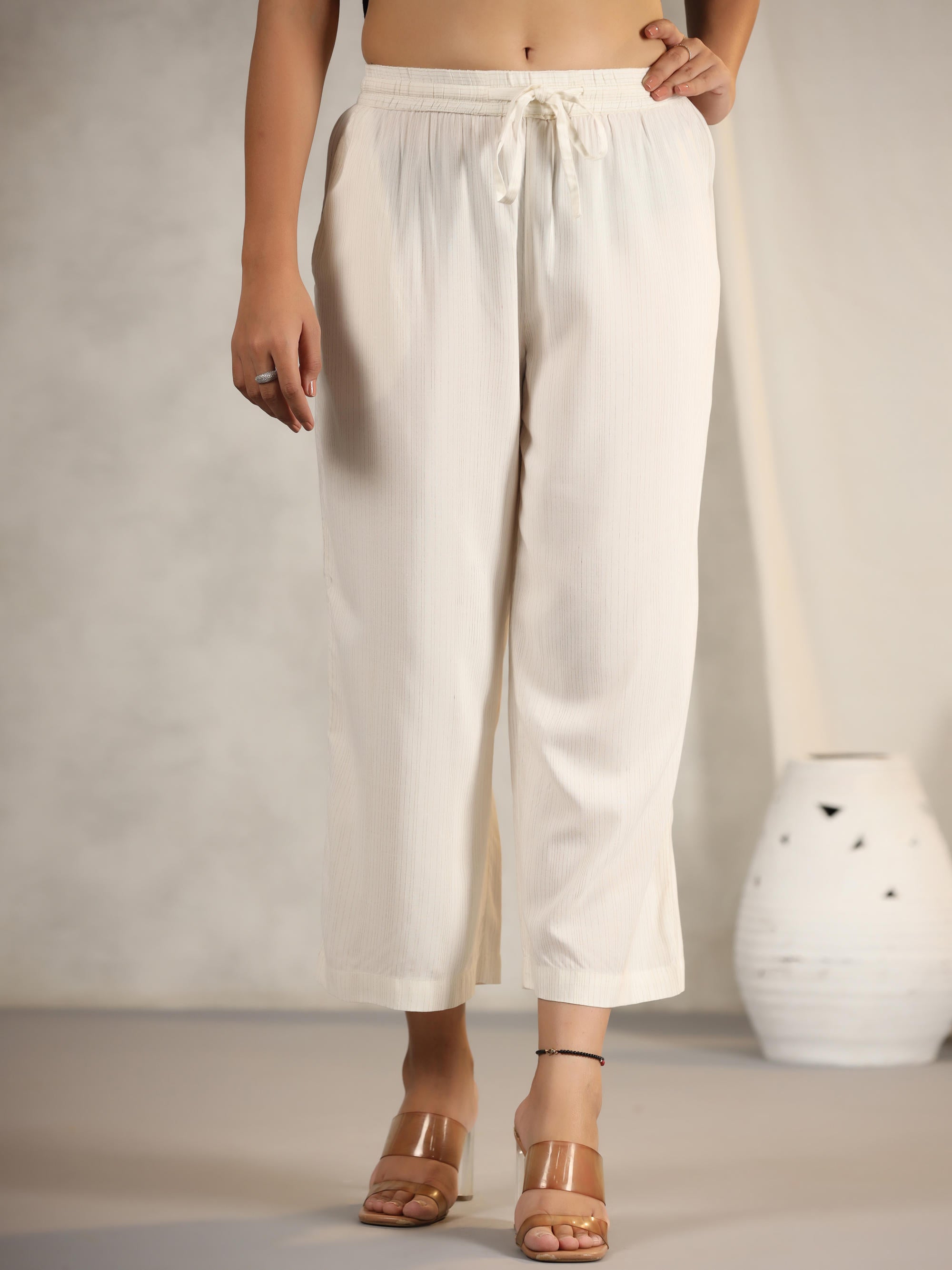 Ivory Stripped Modal Rayon Women Pants With Single Side Pockets & Drawstring