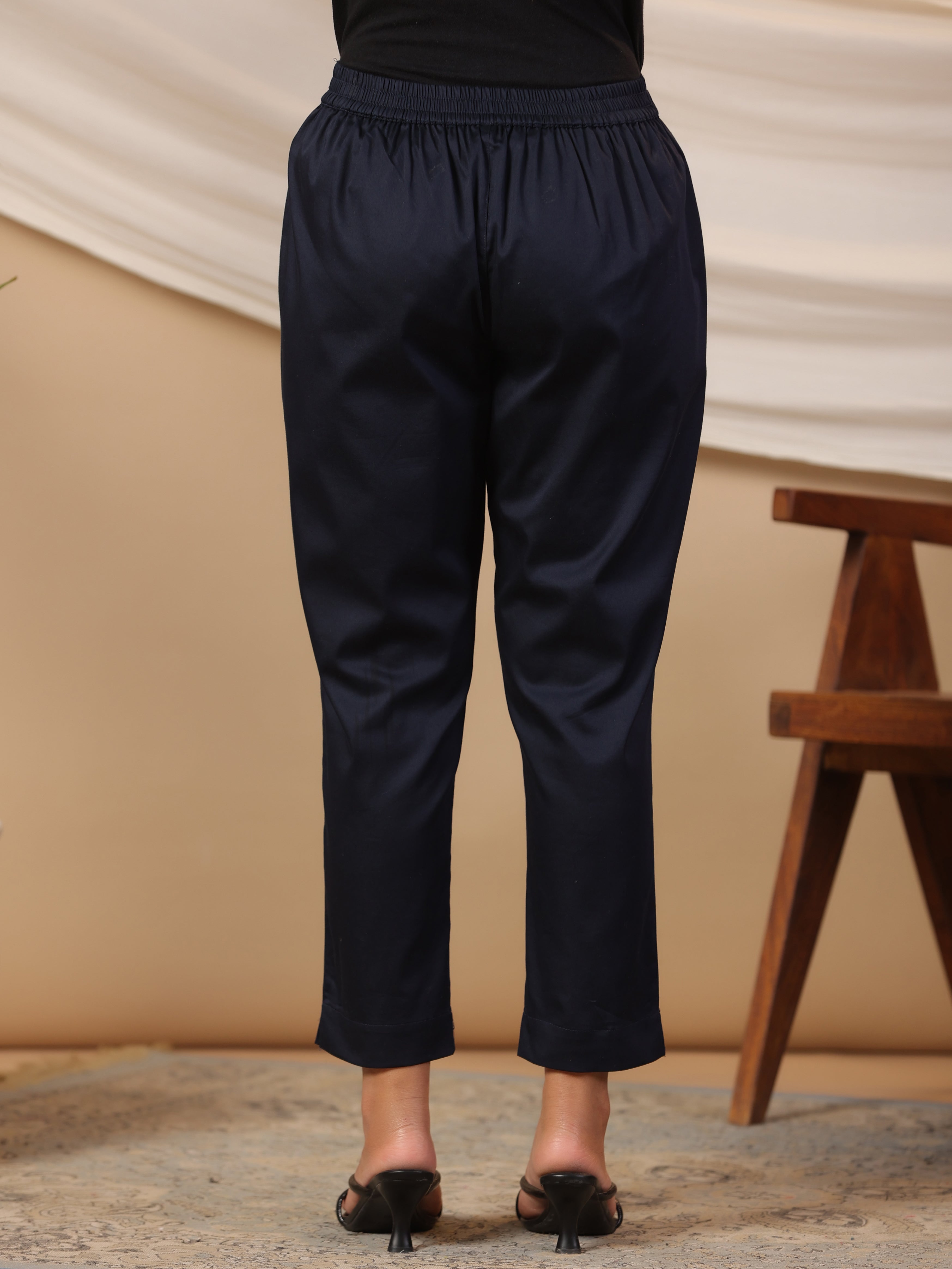Blue Cotton Lycra Solid Slim Fit Pants