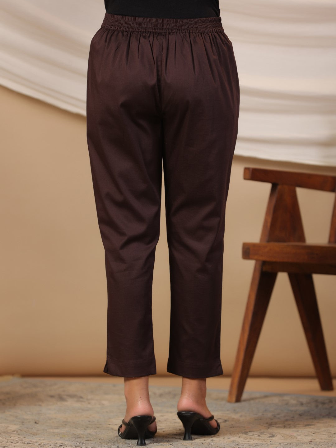Brown Cotton Lycra Solid Slim Fit Pants