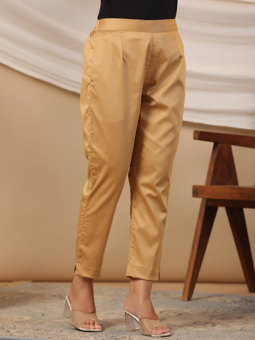 Gold Cotton Lycra Solid Slim Fit Pants