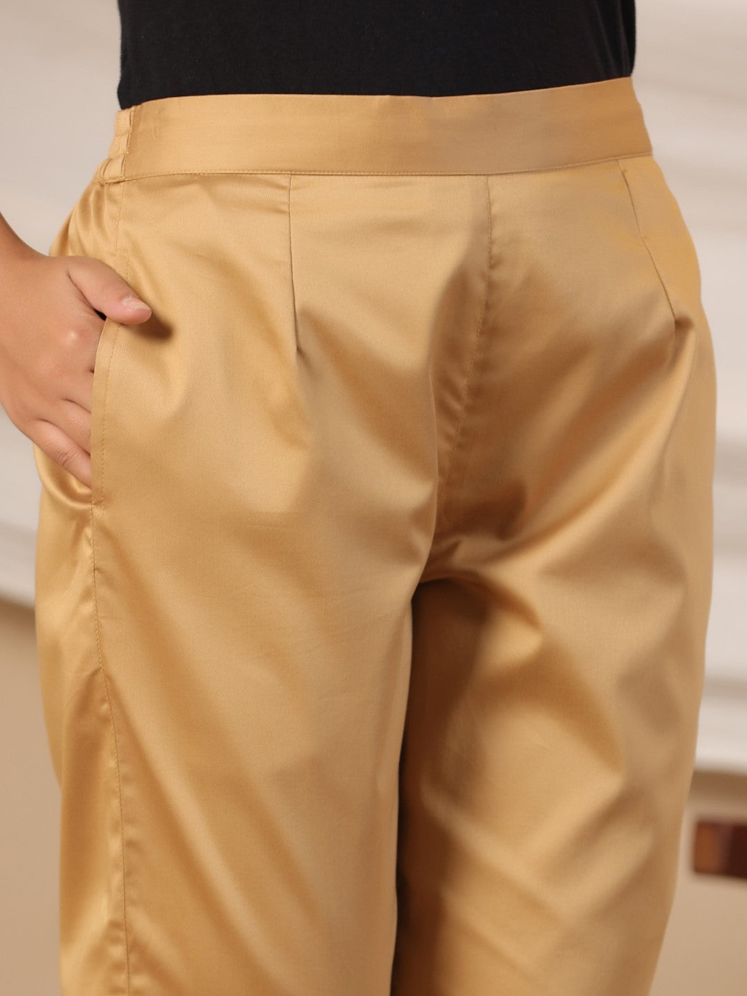 Gold Cotton Lycra Solid Slim Fit Pants