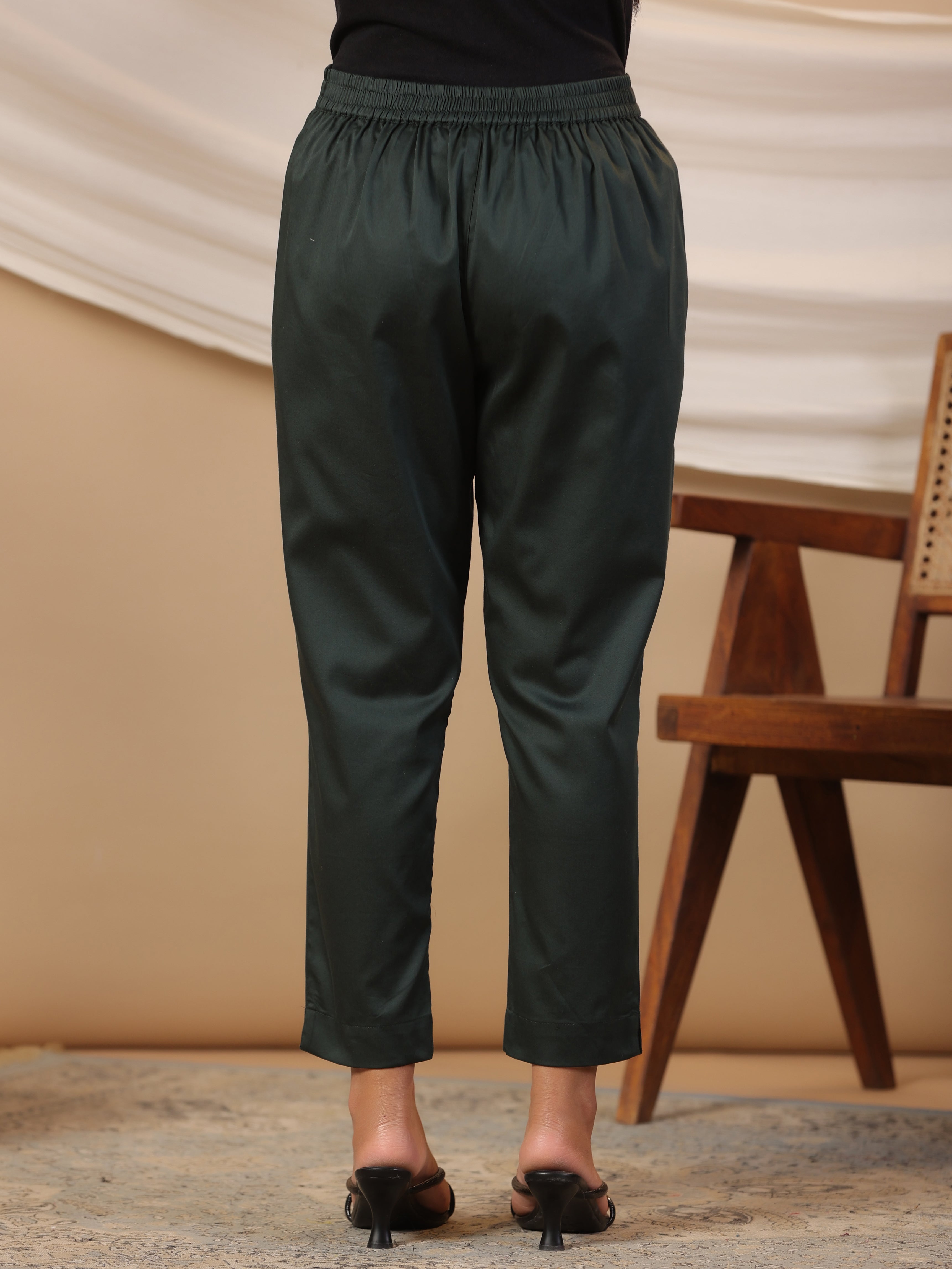 Jade Green Cotton Lycra Solid Slim Fit Pants