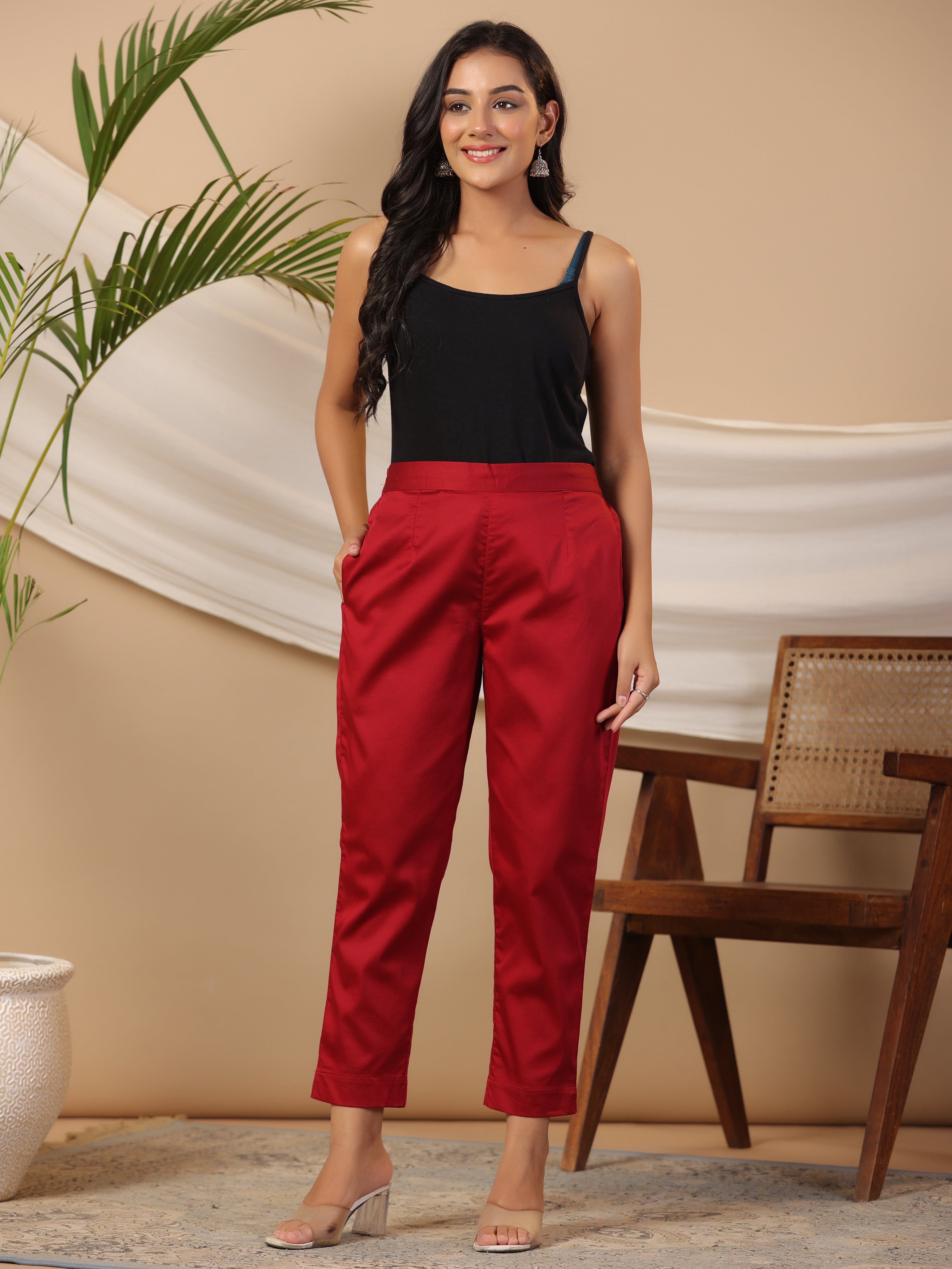 Maroon Cotton Trouser For Women, Solid Regular Fit