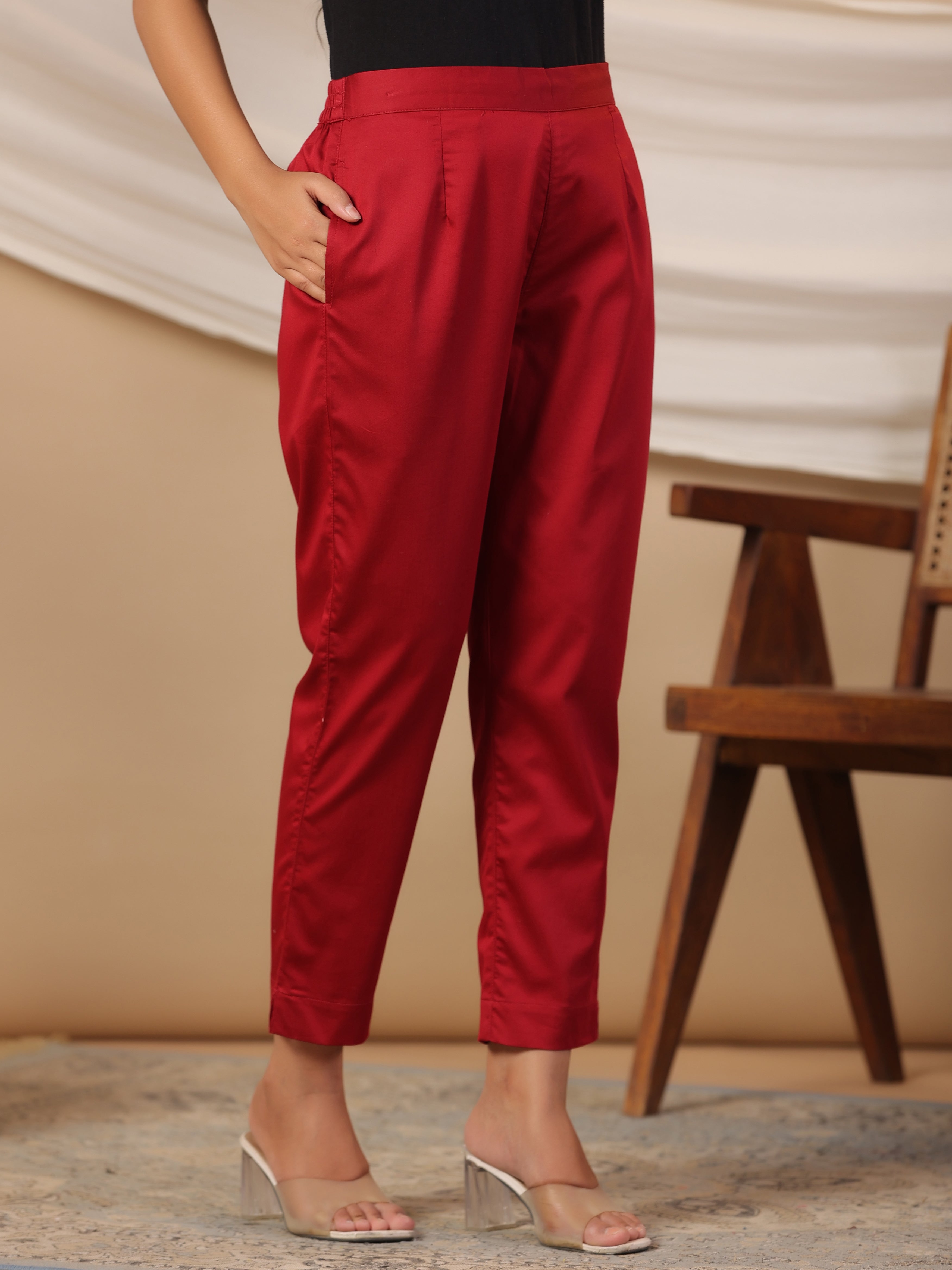 Juniper Maroon Solid Lycra Women Drawstring Pants With Single Side Pocket