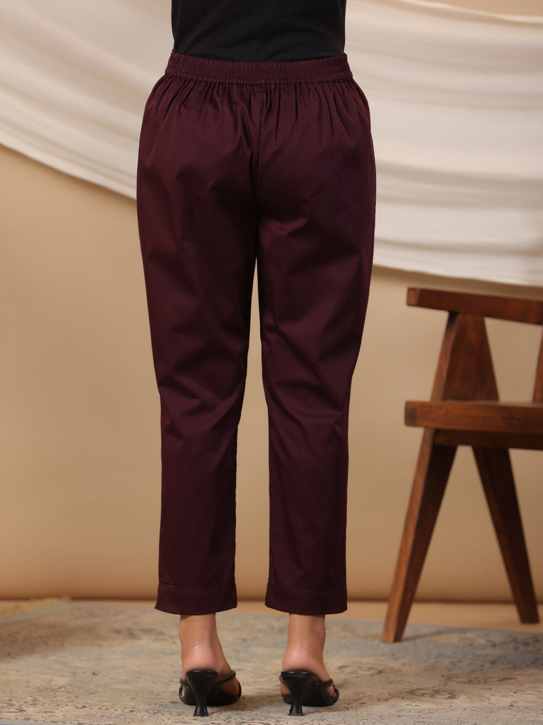 Plum Cotton Lycra Solid Slim Fit Pants
