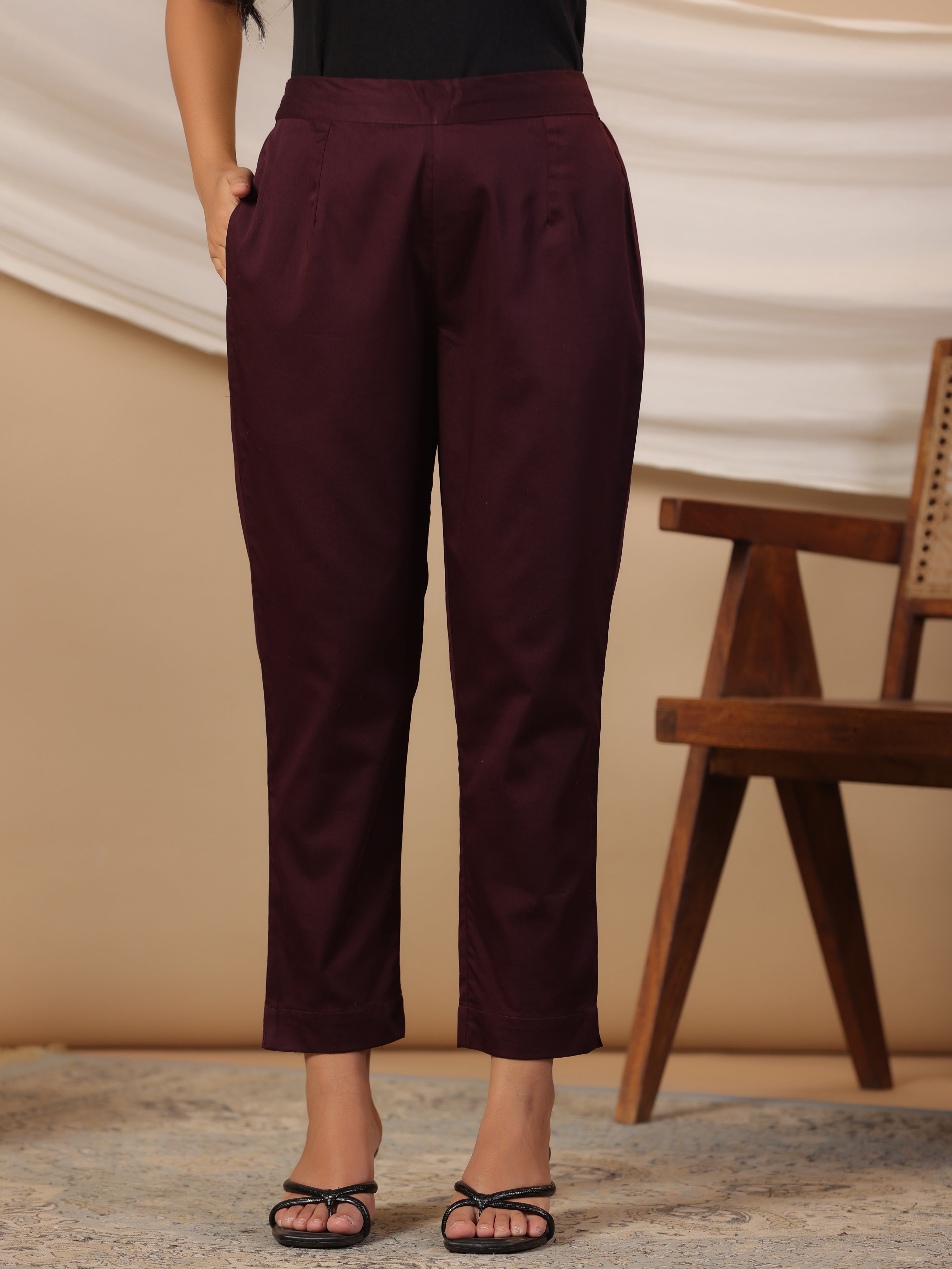 Juniper Women Plum Cotton Lycra Solid Slim Fit Pants