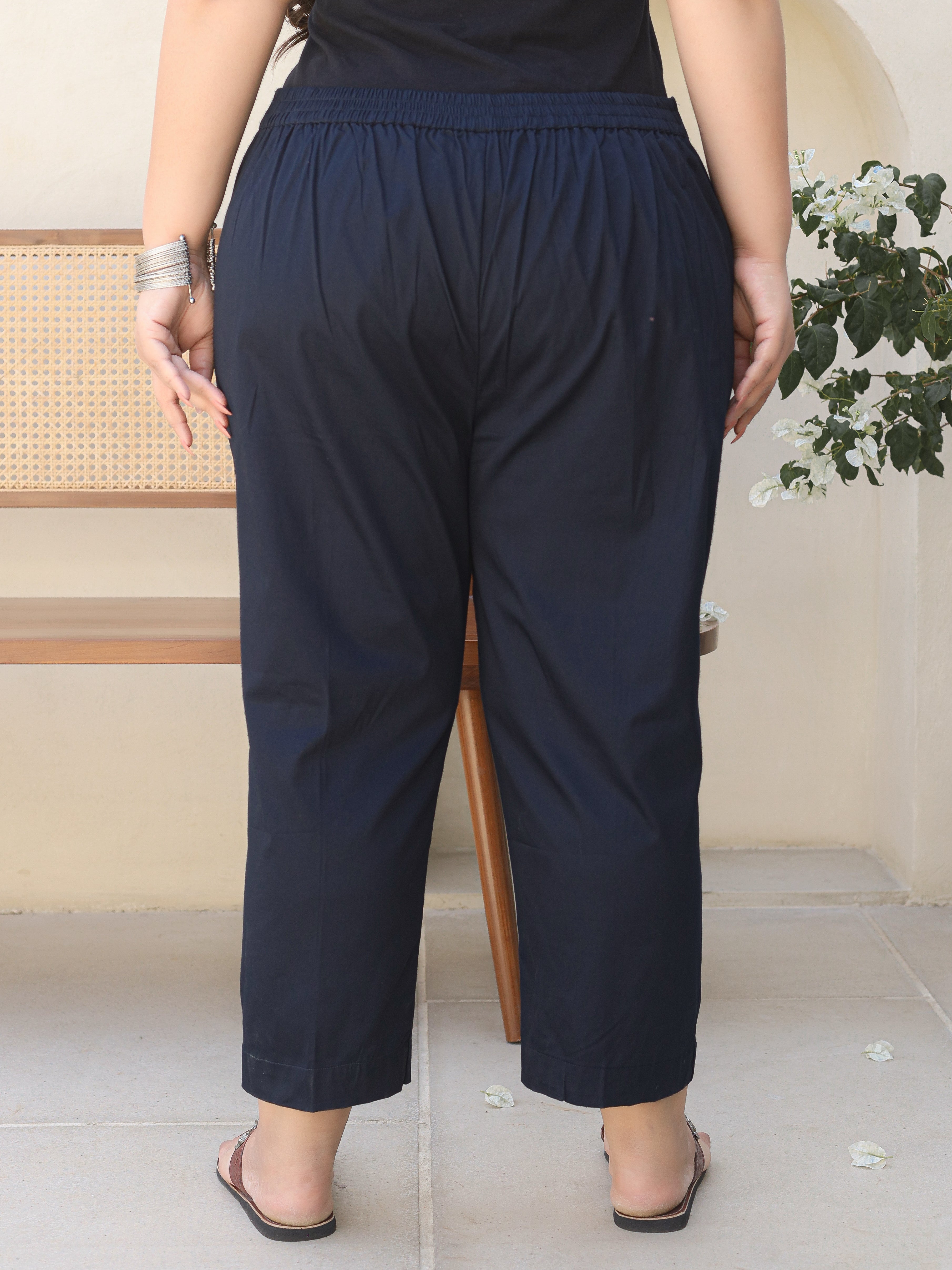 Juniper Blue Solid Lycra Women Drawstring Plus Size Pants With Single Side Pocket