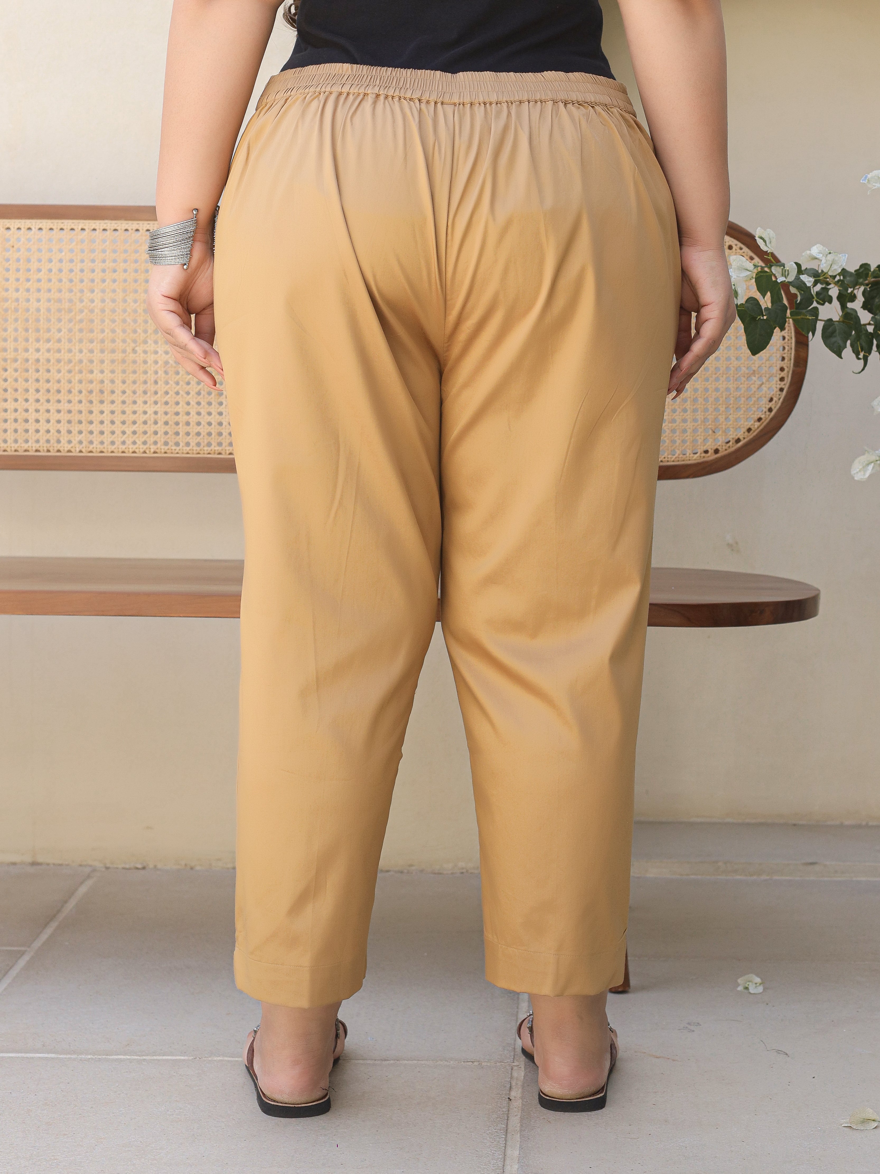 Juniper Gold Solid Lycra Women Drawstring Plus Size Pants With Single Side Pocket