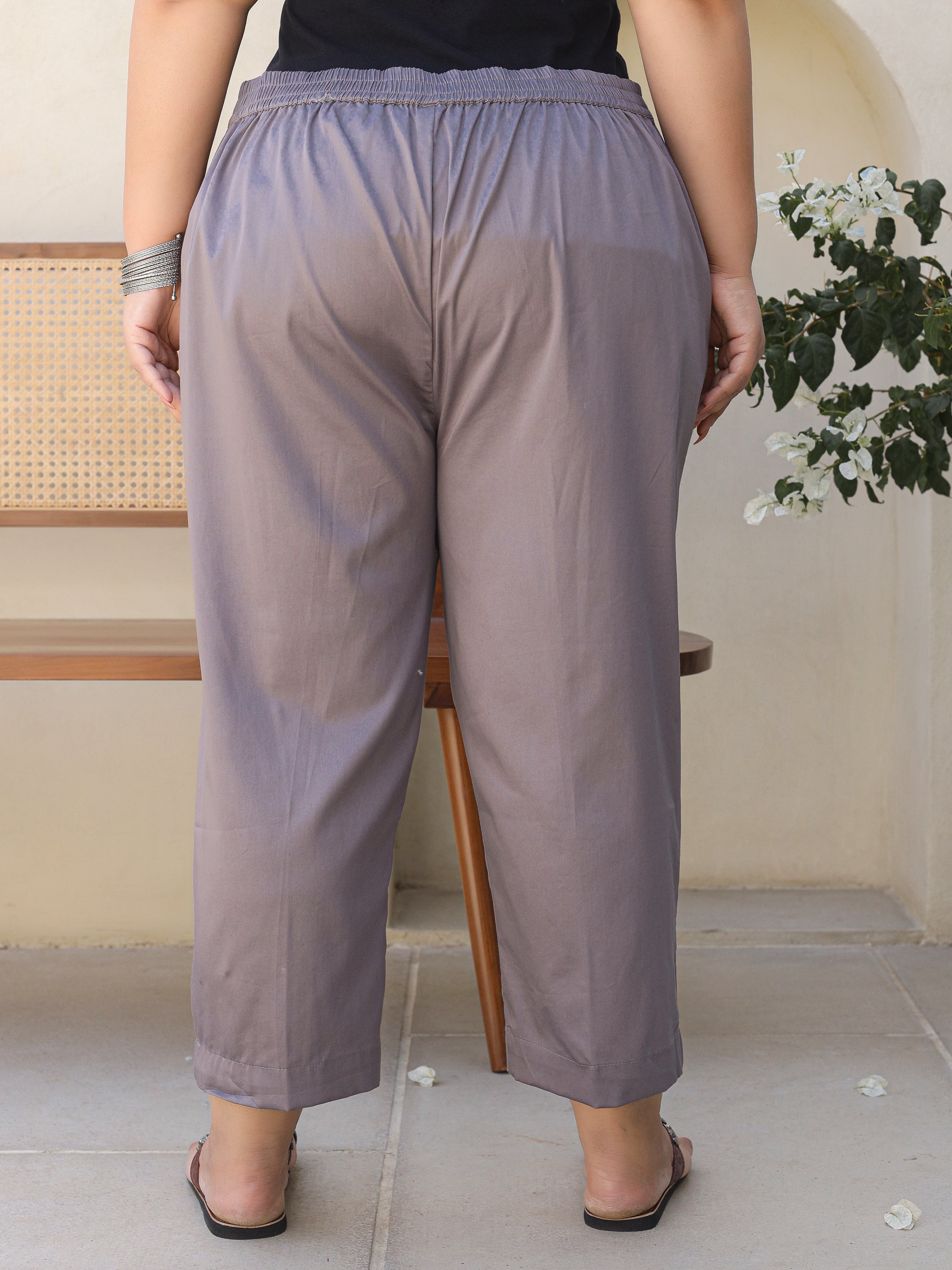 Juniper Grey Solid Lycra Women Drawstring Plus Size Pants With Single Side Pocket