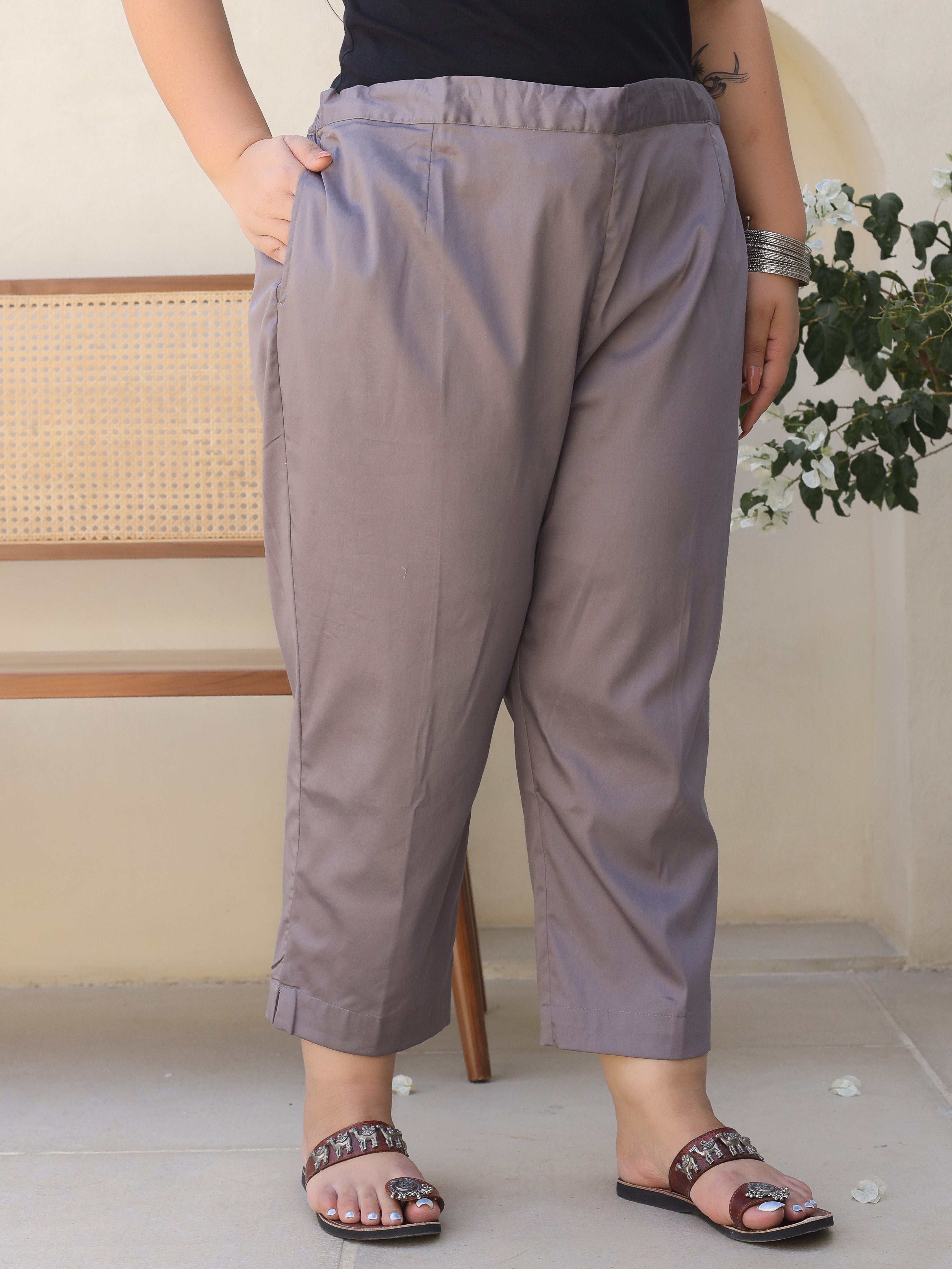 Juniper Grey Solid Lycra Women Drawstring Plus Size Pants With Single Side Pocket