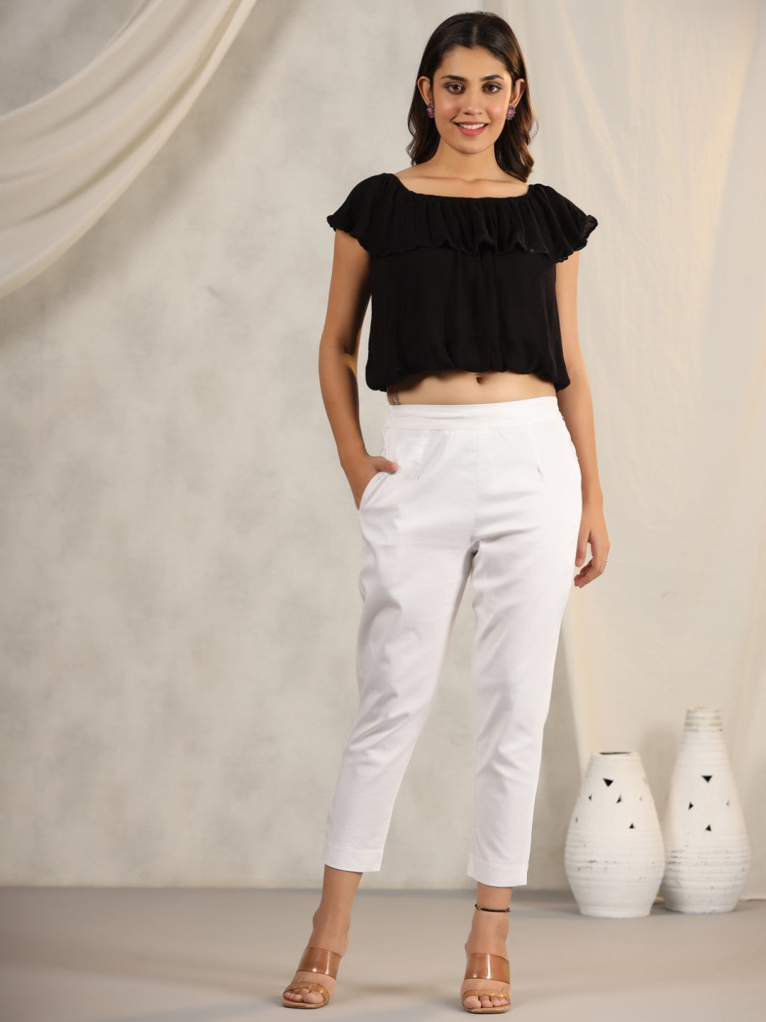 Juniper White Cotton Lycra Pants For Women With Partially Elasticated Waistband
