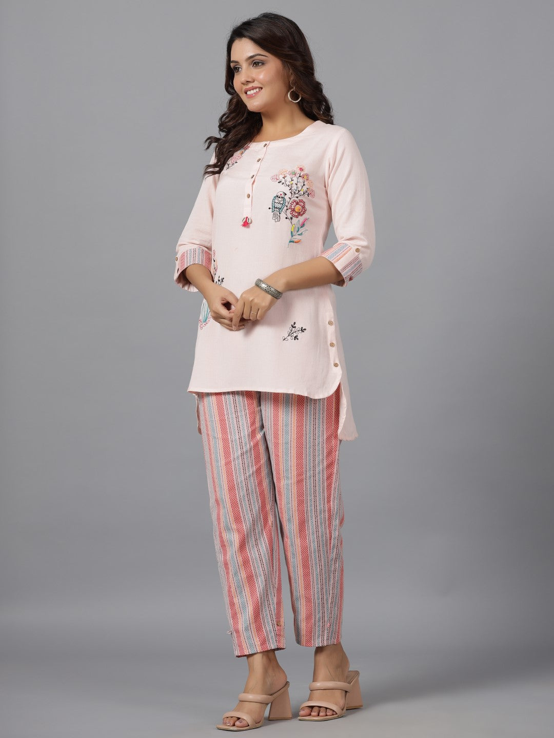 Juniper The Dhara Pink Rayon Top 7 Pants Co-Ord Set With Multi Color Embroidery Contrast Beads & Tassels