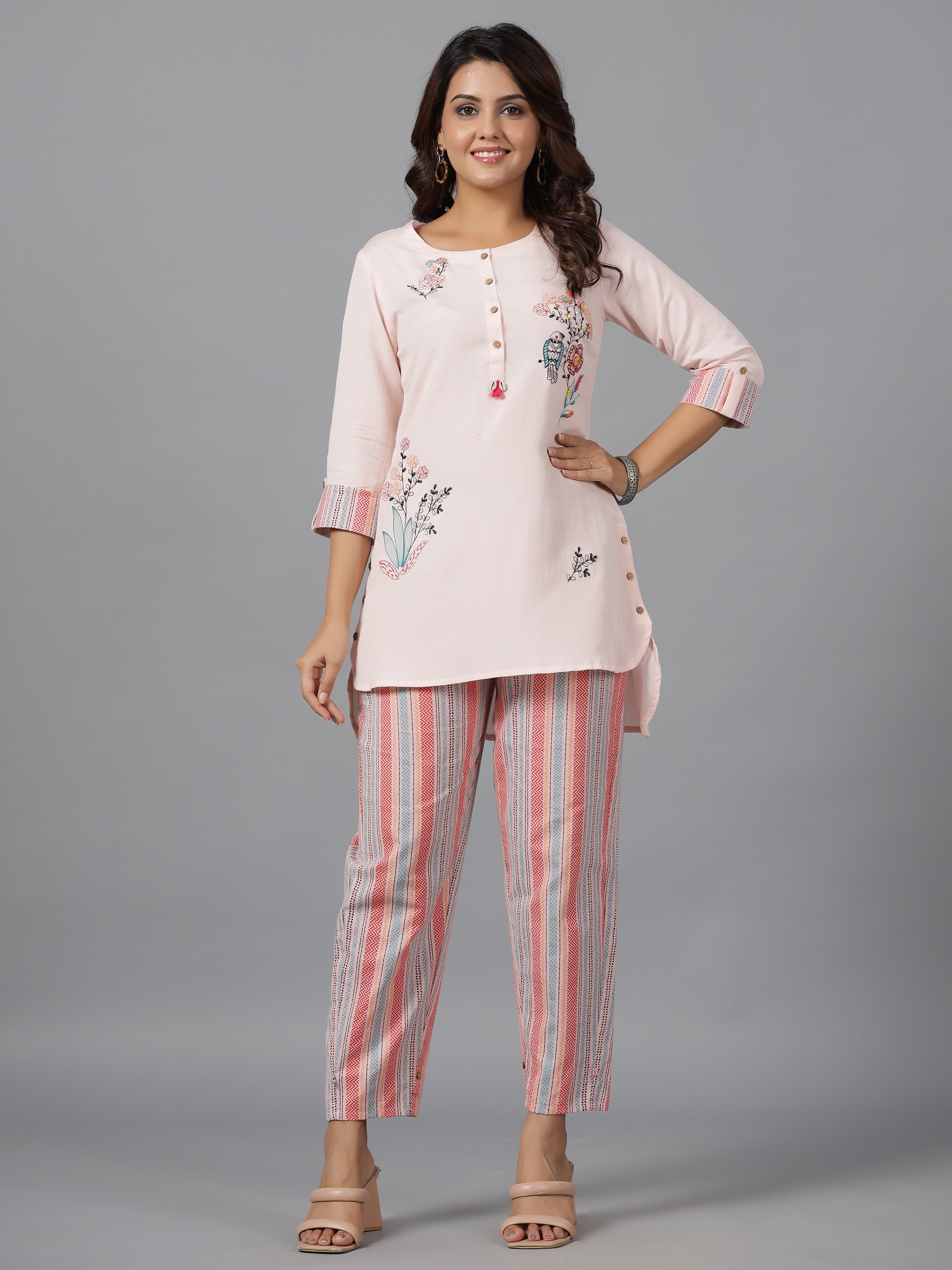 Juniper The Dhara Pink Rayon Top 7 Pants Co-Ord Set With Multi Color Embroidery Contrast Beads & Tassels