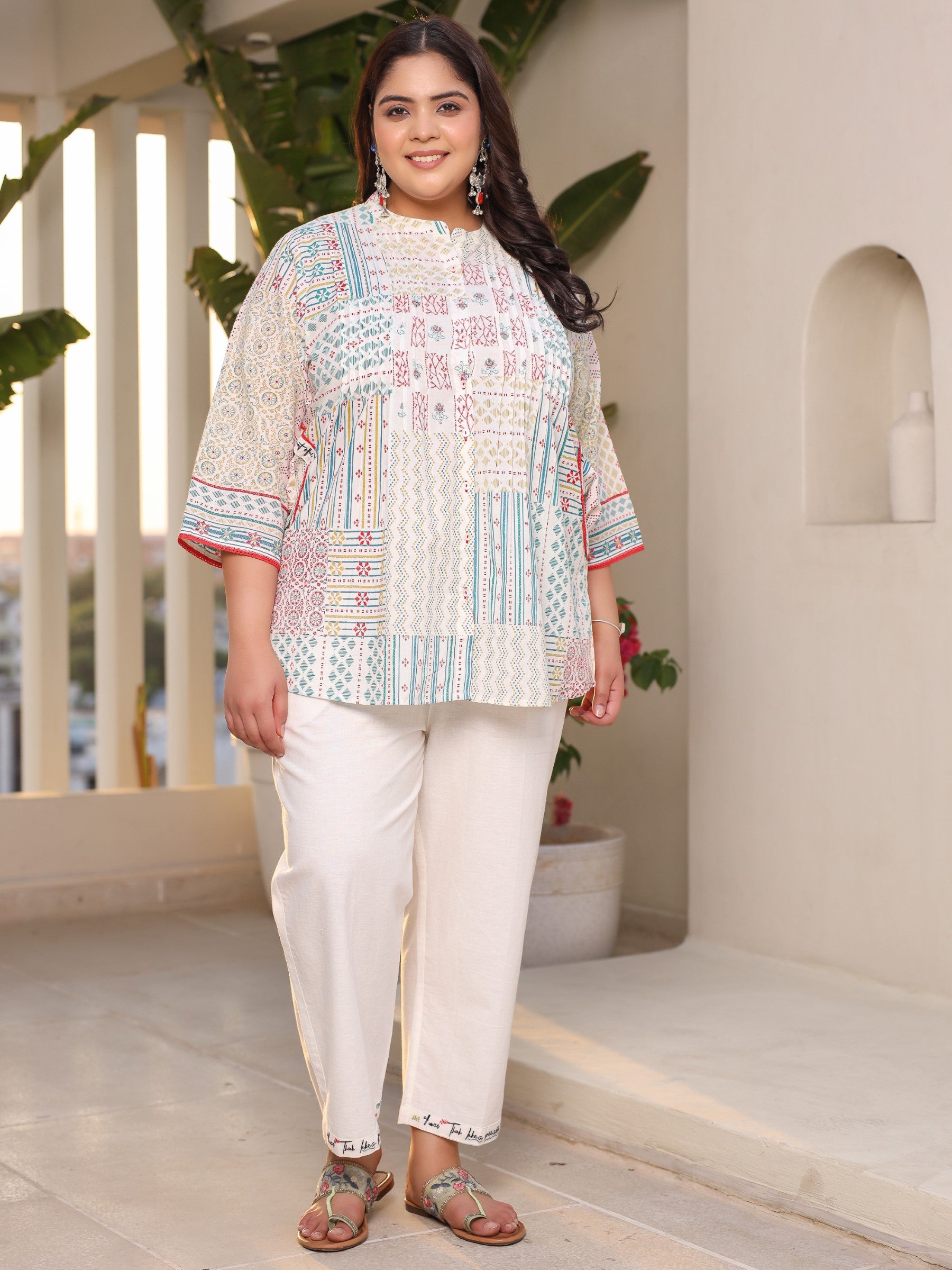 Juniper Off-White Ethnic Motif Printed Pleated Cotton Tunic & Pants Set With Pintucks At Front & Embroidery Details (2-Pcs)