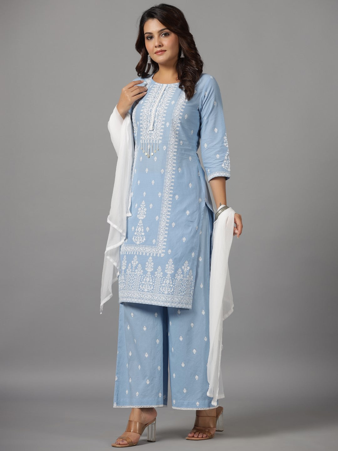 Juniper Women Sky Blue Cotton Cambric Printed Kurta Set