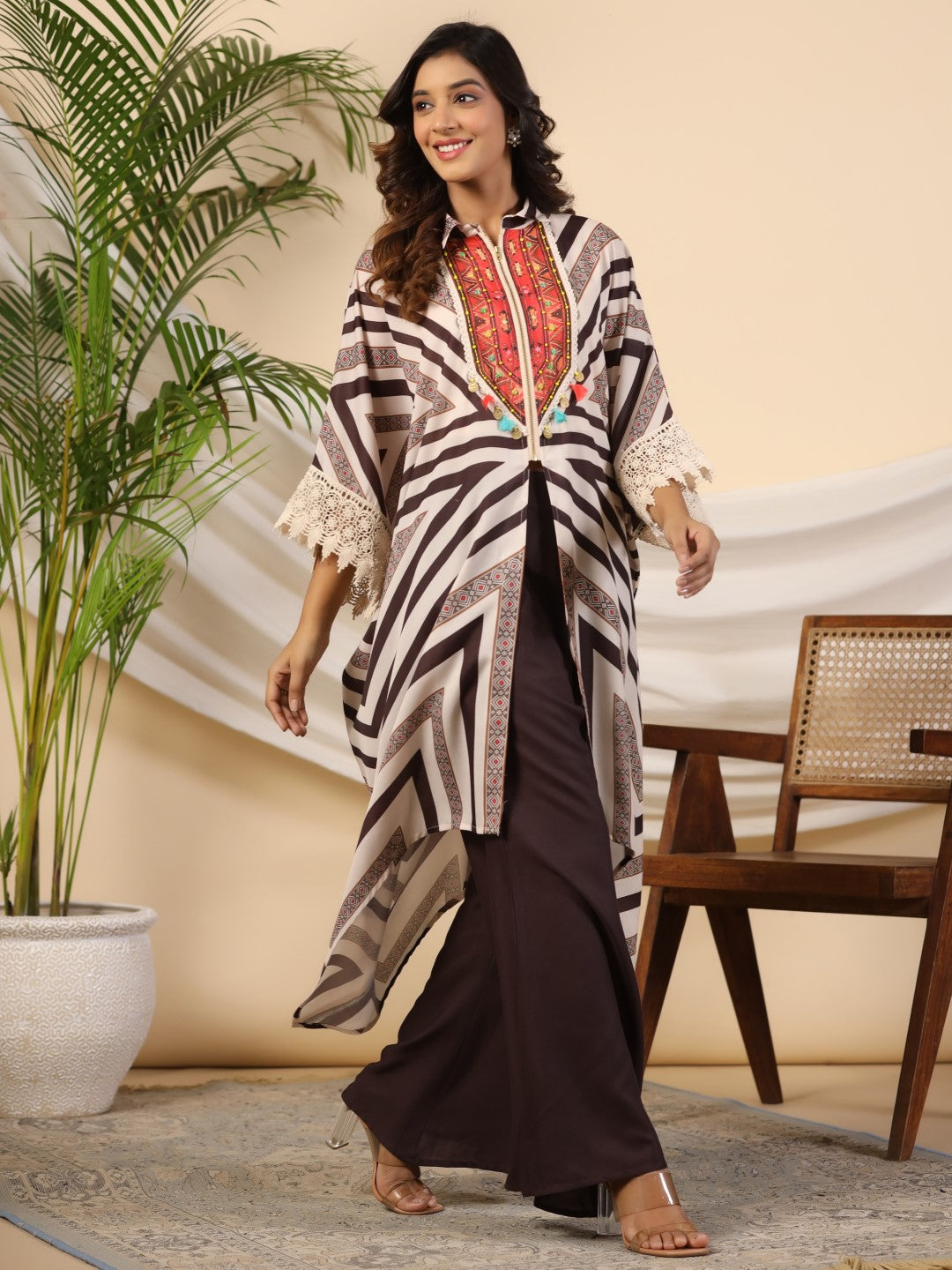 Juniper Brown Stripe Print Cotton Lacy Kaftan & Pants Co-Ord Set & Inner With Contrast Kantha And Bead Work