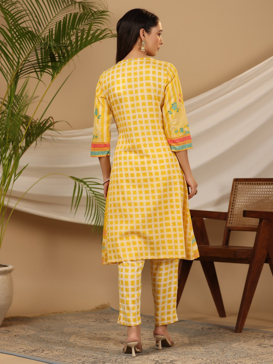 Juniper Women Yellow Nylon Dobby Printed A-Line Kurta & Pants Set