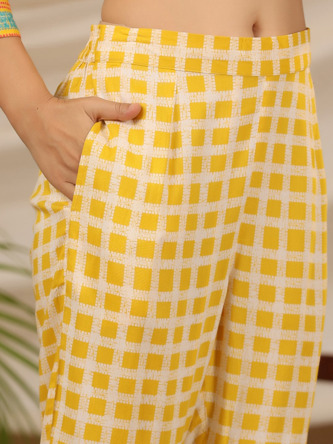 Juniper Women Yellow Nylon Dobby Printed A-Line Kurta & Pants Set
