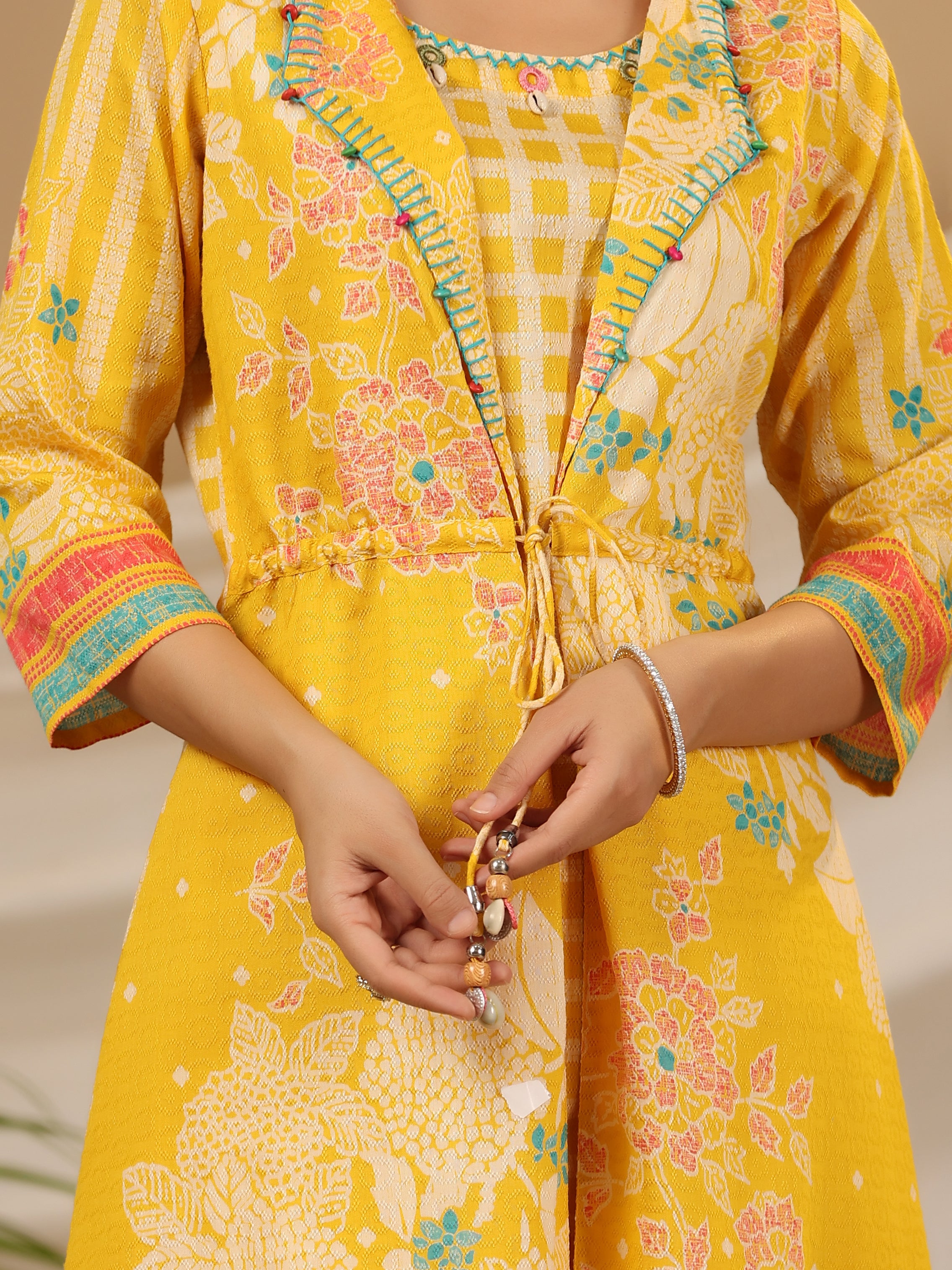 Yellow Nylon Dobby Printed A-Line Kurta & Pants Set