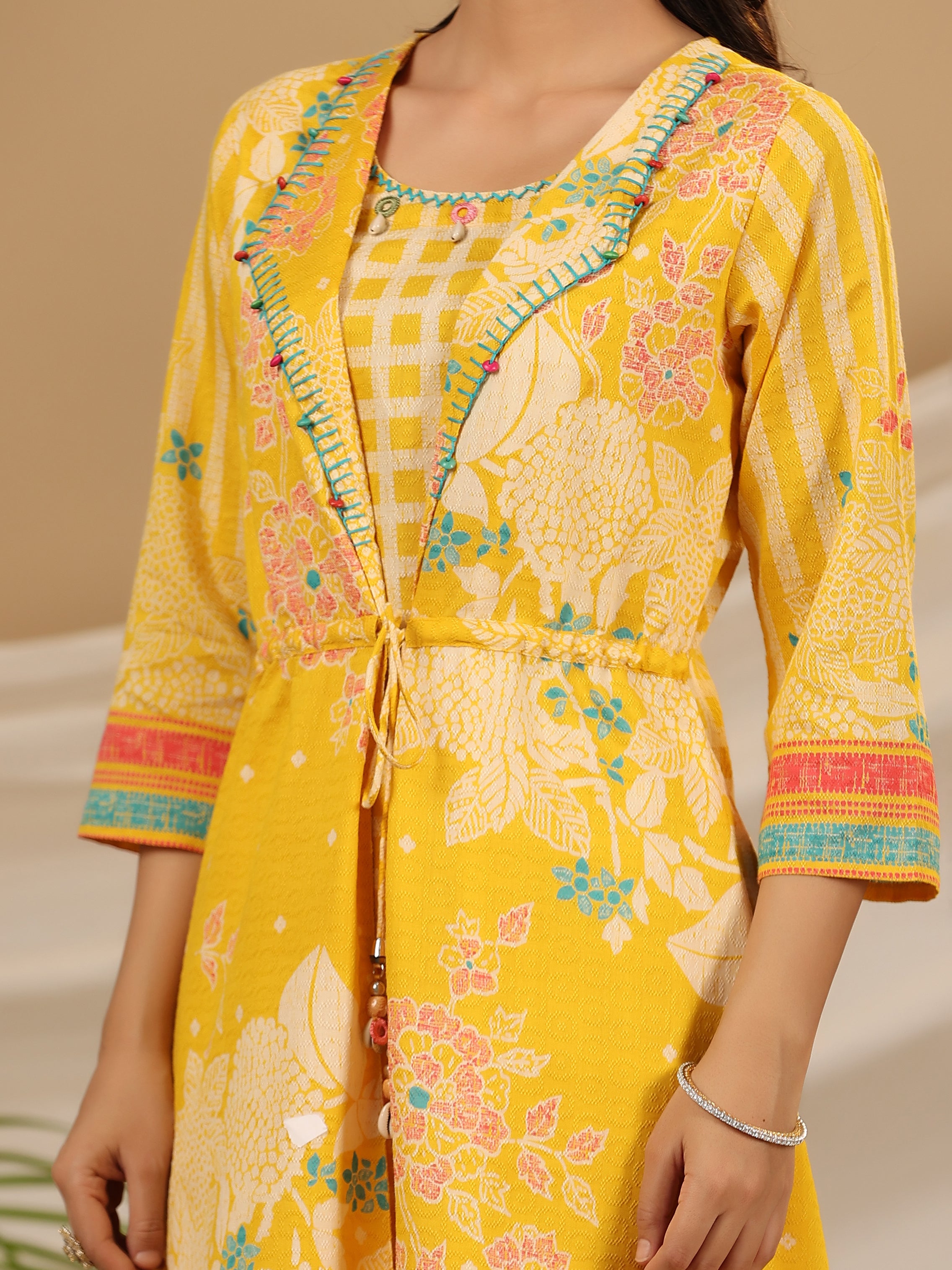 Juniper Yellow Floral Printed Nylon Dobby Kurta With Pants Set With Kaudis & Bead Work