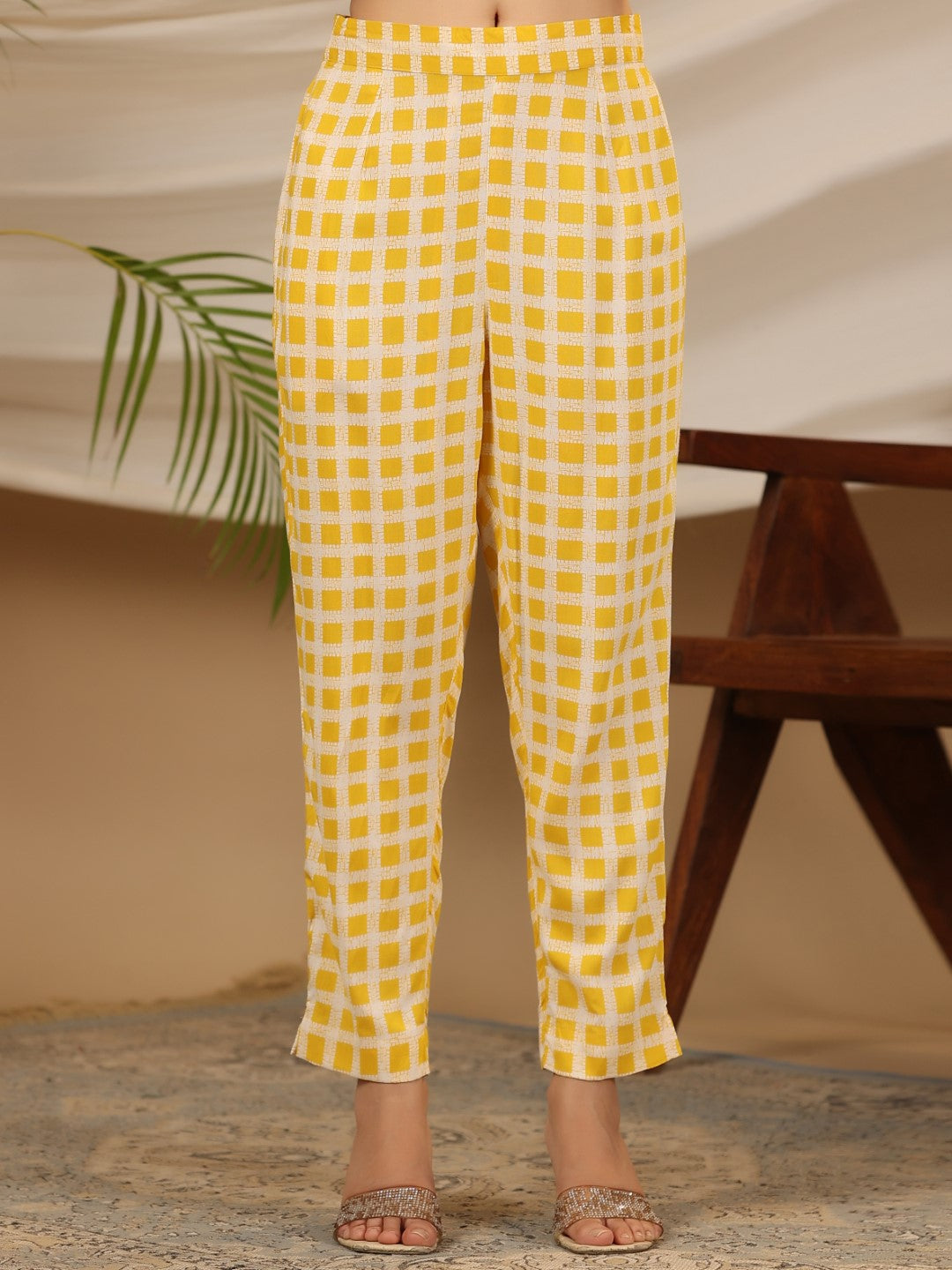 Yellow Nylon Dobby Printed A-Line Kurta & Pants Set