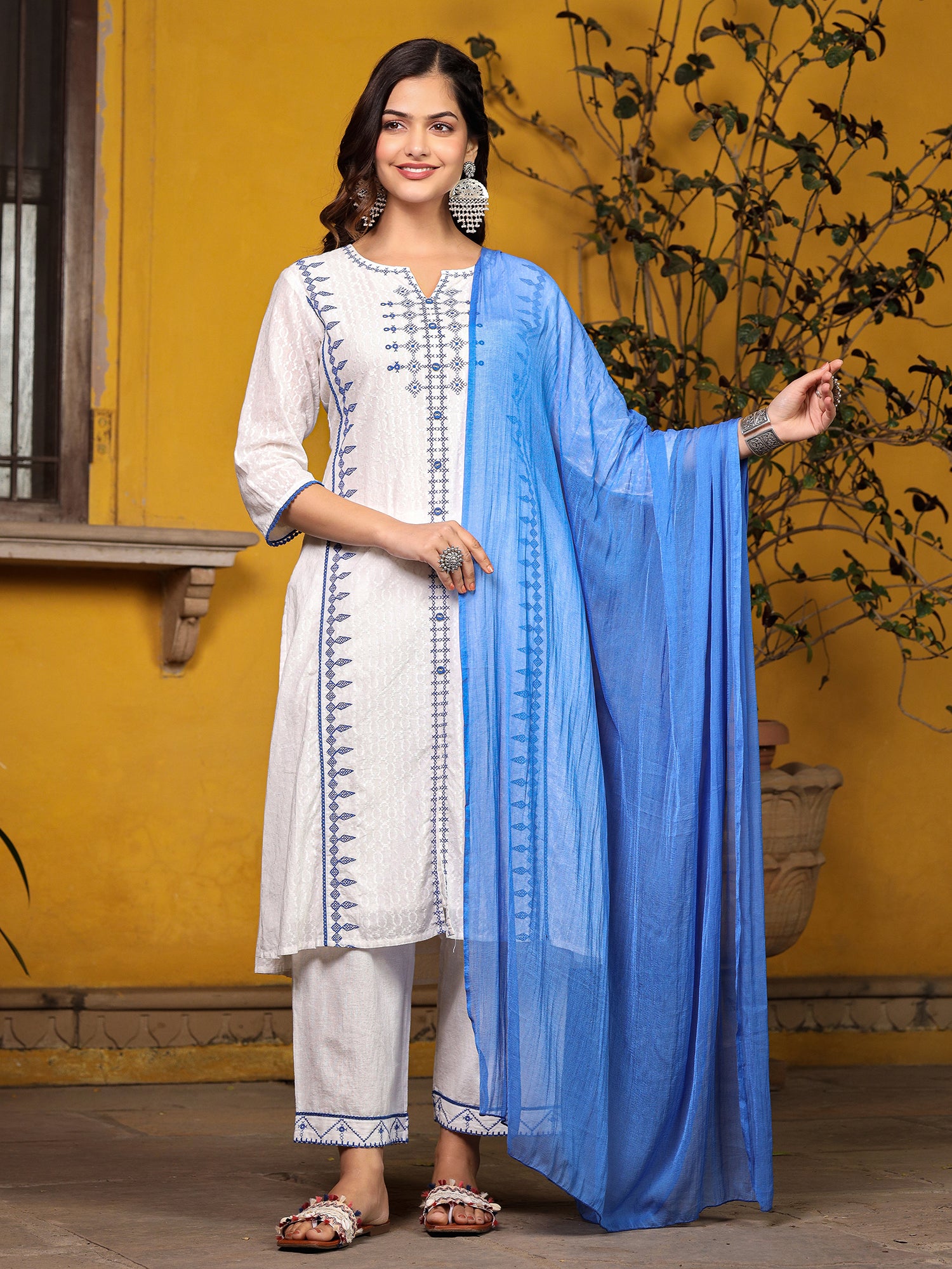 Juniper White & Blue Cross Stitch Embroidered Cotton Dobby Kurta With Pant & Dupatta Set With Lace & Button