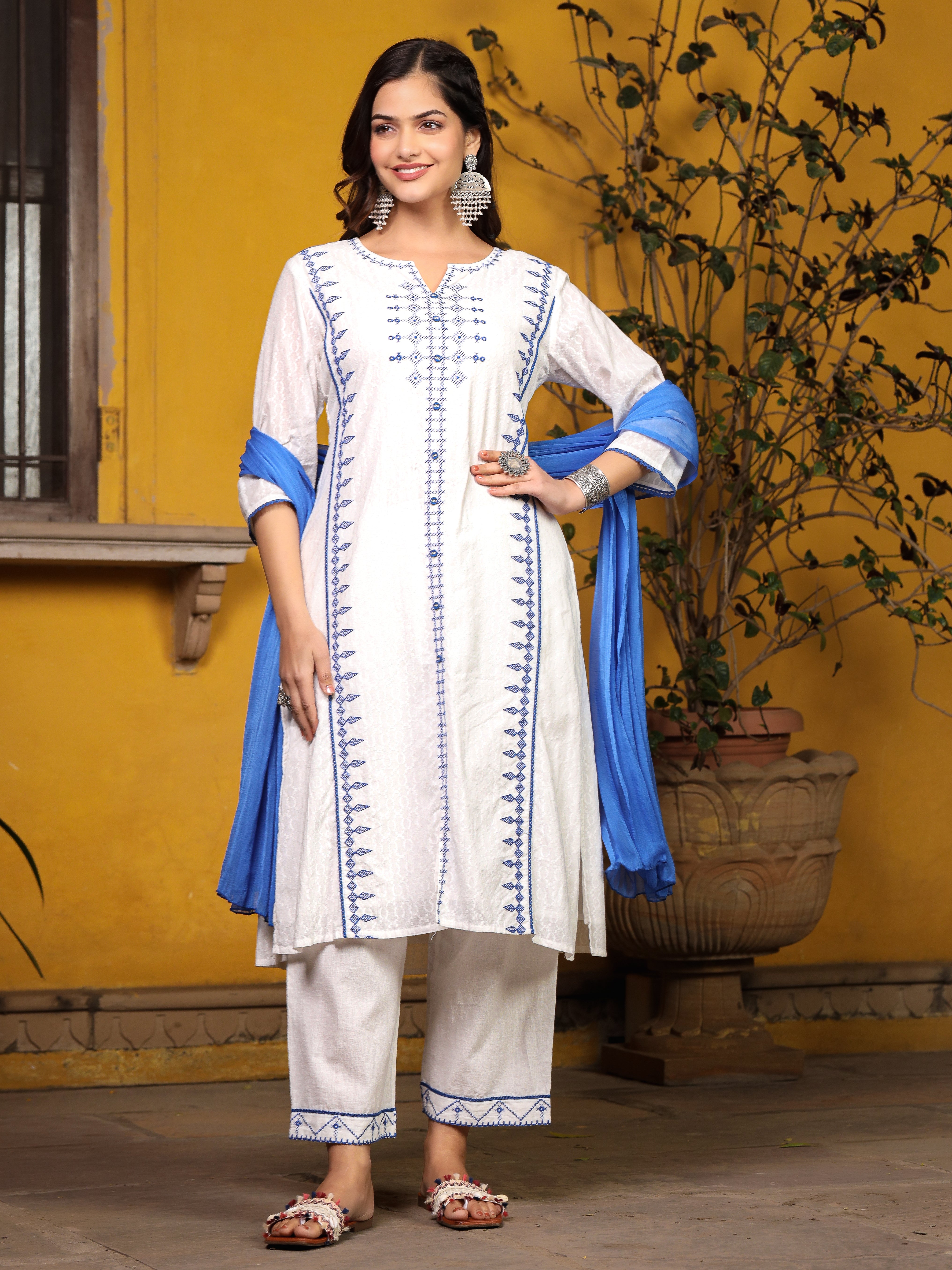 Juniper White & Blue Cross Stitch Embroidered Cotton Dobby Kurta With Pant & Dupatta Set With Lace & Button