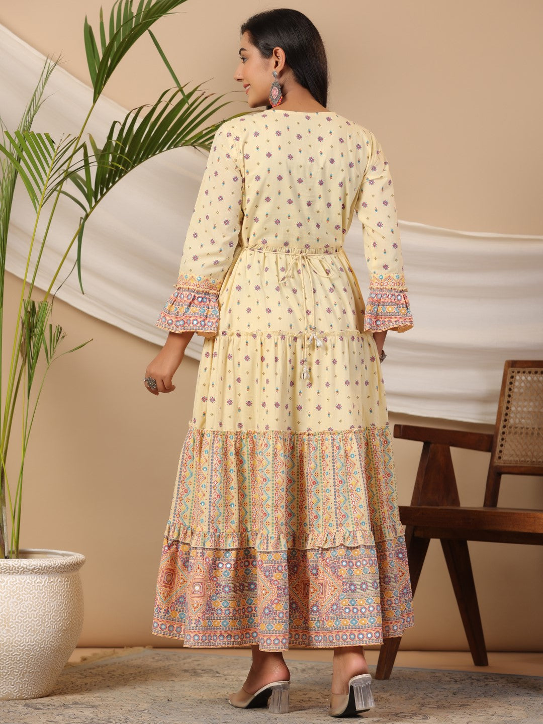 Ivory Cotton Cambric Printed Alia Cut Tiered Maxi Dress