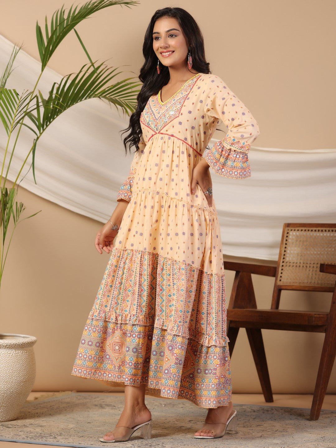 Peach Cotton Cambric Printed Alia Cut Tiered Maxi Dress
