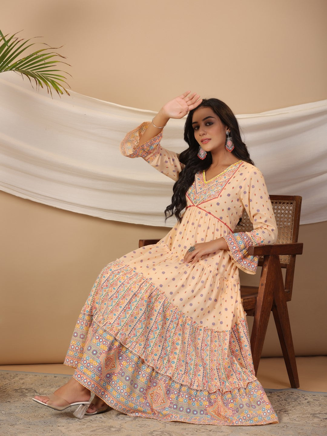 Peach Cotton Cambric Printed Alia Cut Tiered Maxi Dress