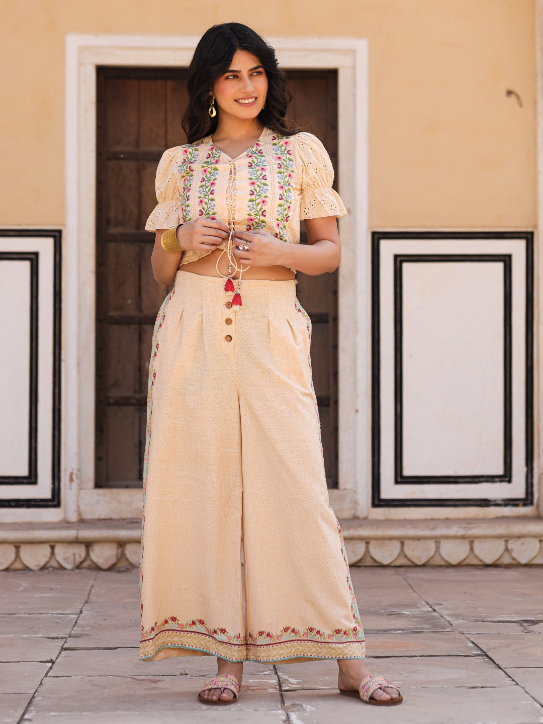 Juniper Beige Floral Printed Pure Cotton Crop Top & Pants With Thread Work Embroidery
