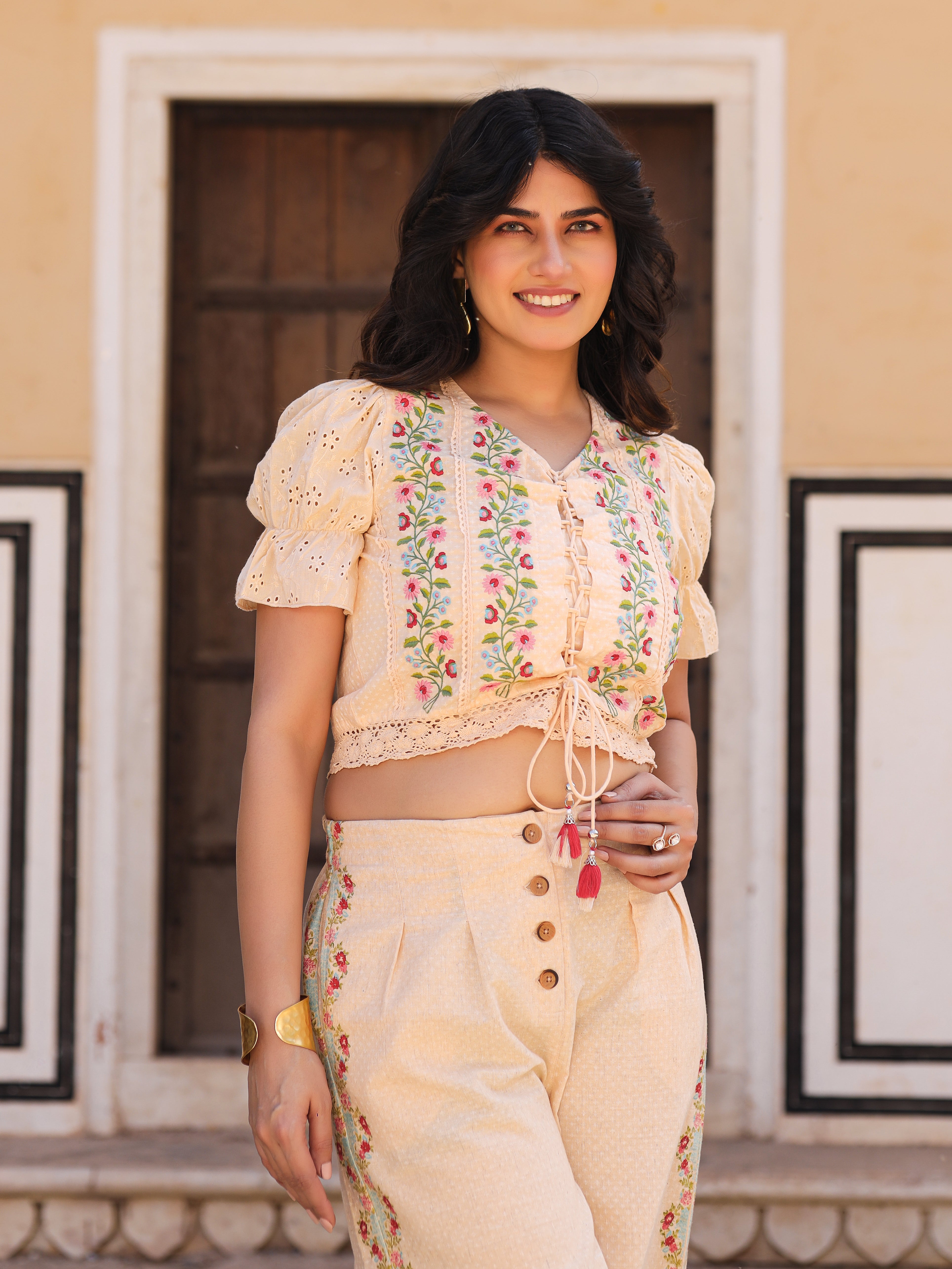 Juniper Beige Floral Printed Pure Cotton Crop Top & Pants With Thread Work Embroidery