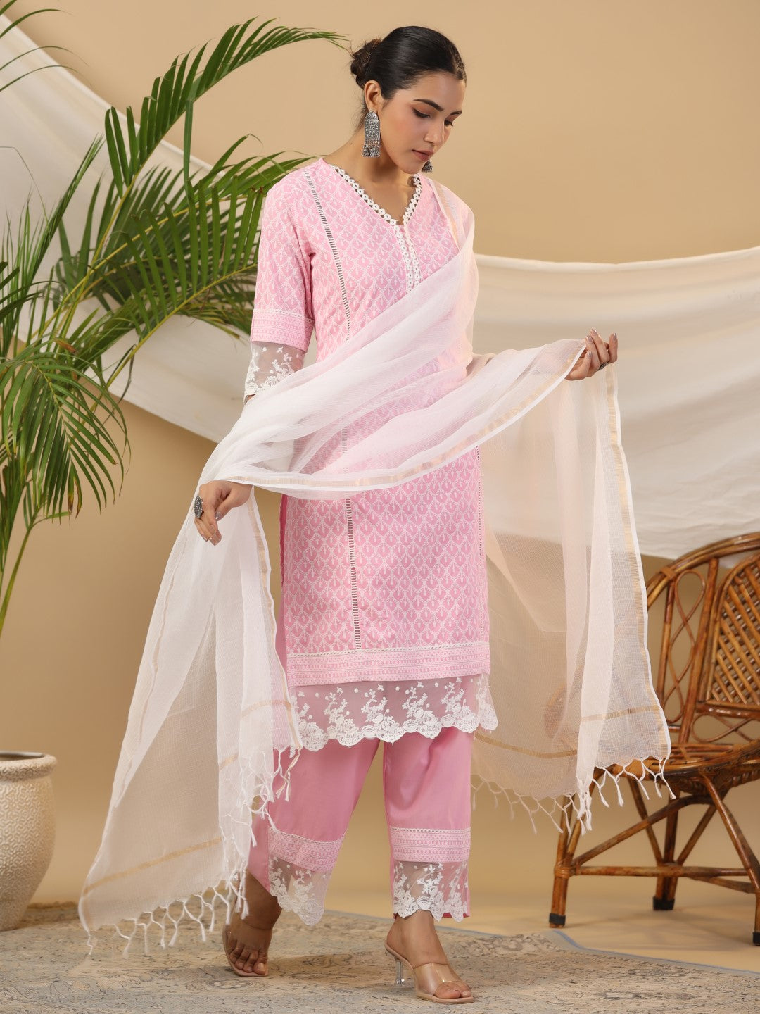Juniper The Rooh Pink Ethnic Print & Lacy Pure Cotton Kurta & Palazzo Set With Lining & Kota Doria Dupatta