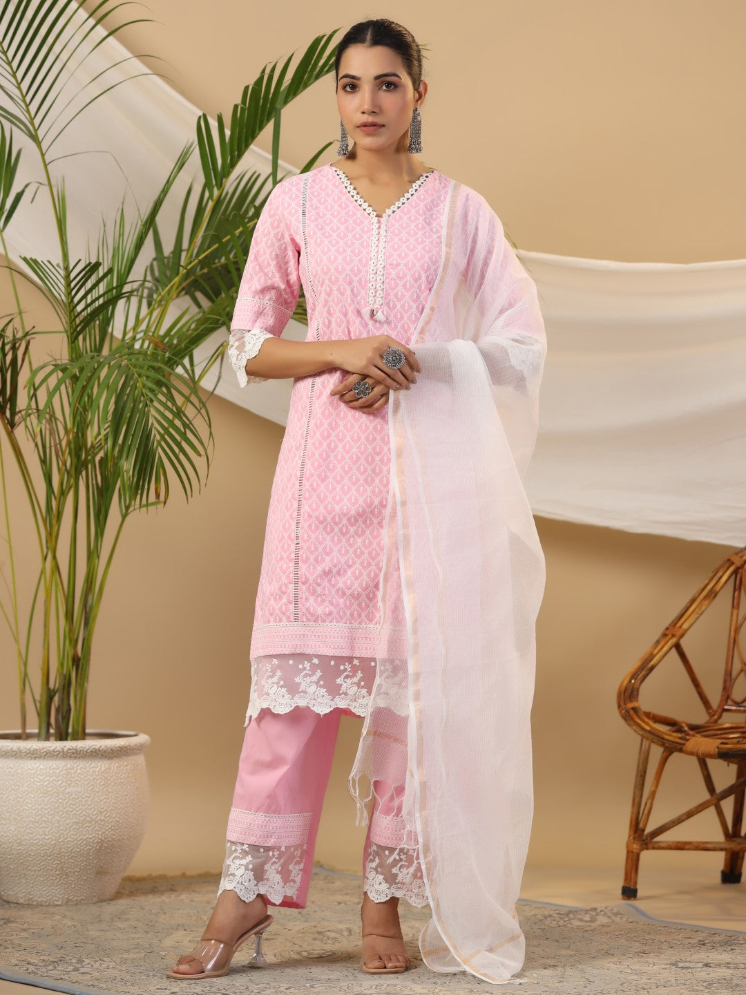 Juniper The Rooh Pink Ethnic Print & Lacy Pure Cotton Kurta & Palazzo Set With Lining & Kota Doria Dupatta