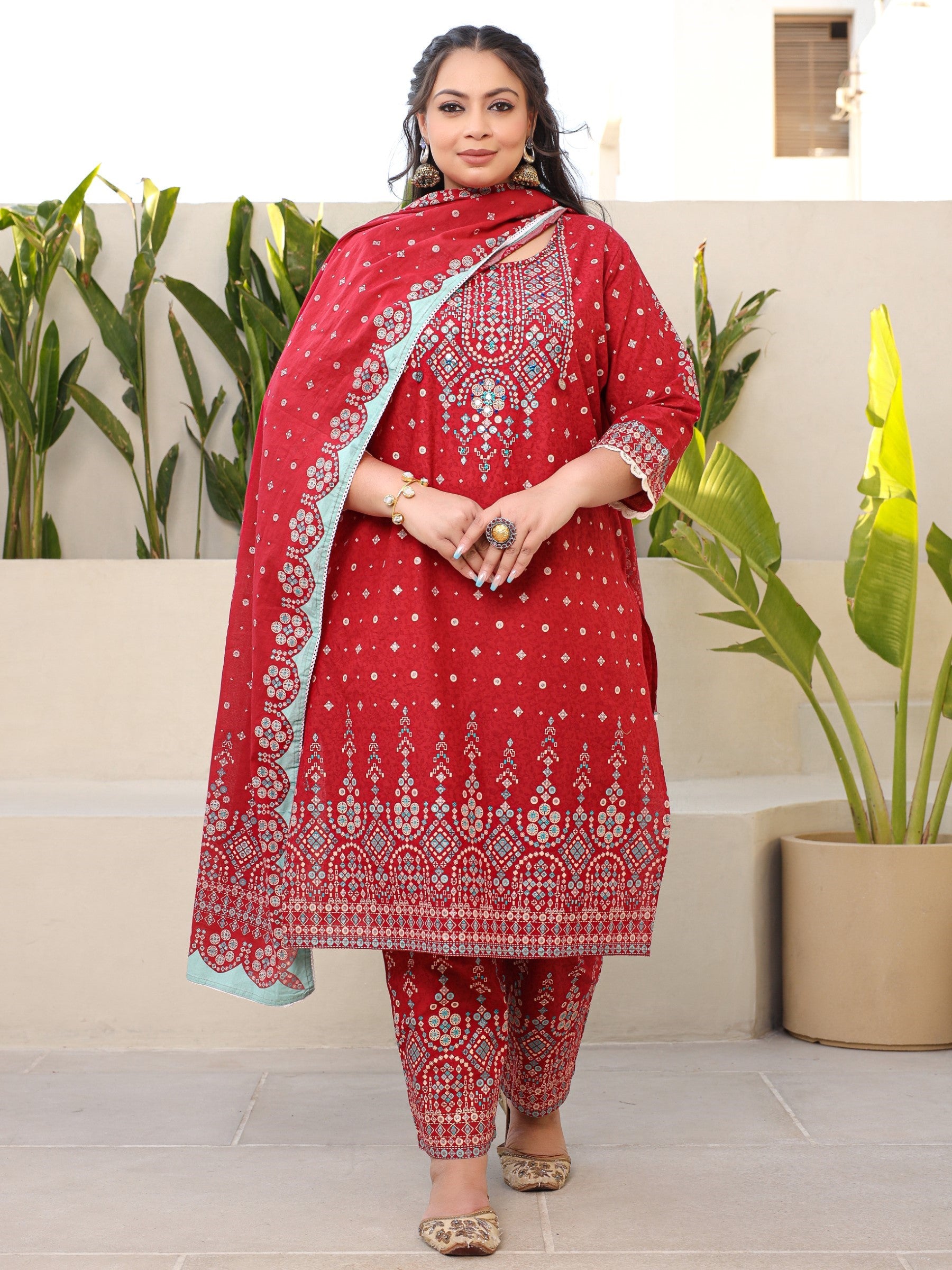 Juniper The Banjara Red Geometric Printed Pure Cotton Plus Size Kurta Pants & Dupatta Set With Beads Sequins & Coins