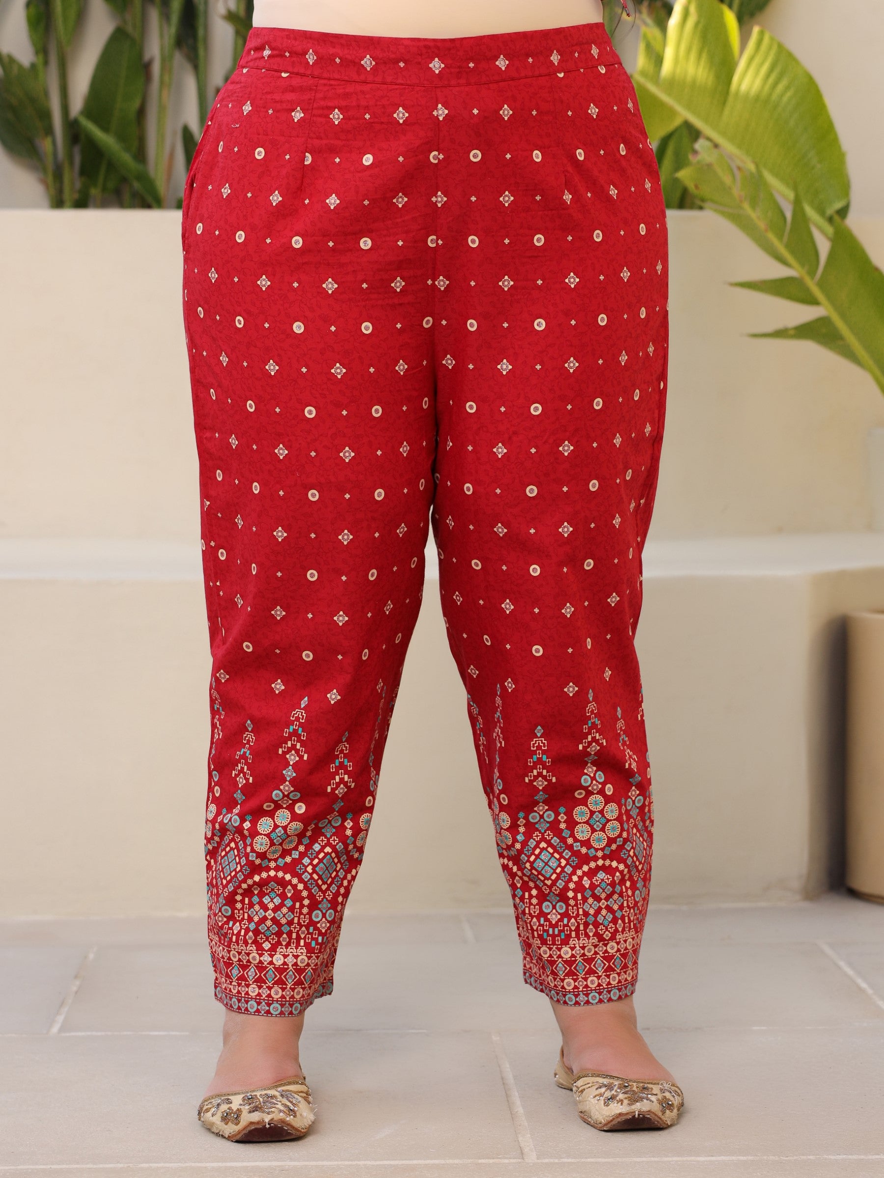 Juniper The Banjara Red Geometric Printed Pure Cotton Plus Size Kurta Pants & Dupatta Set With Beads Sequins & Coins