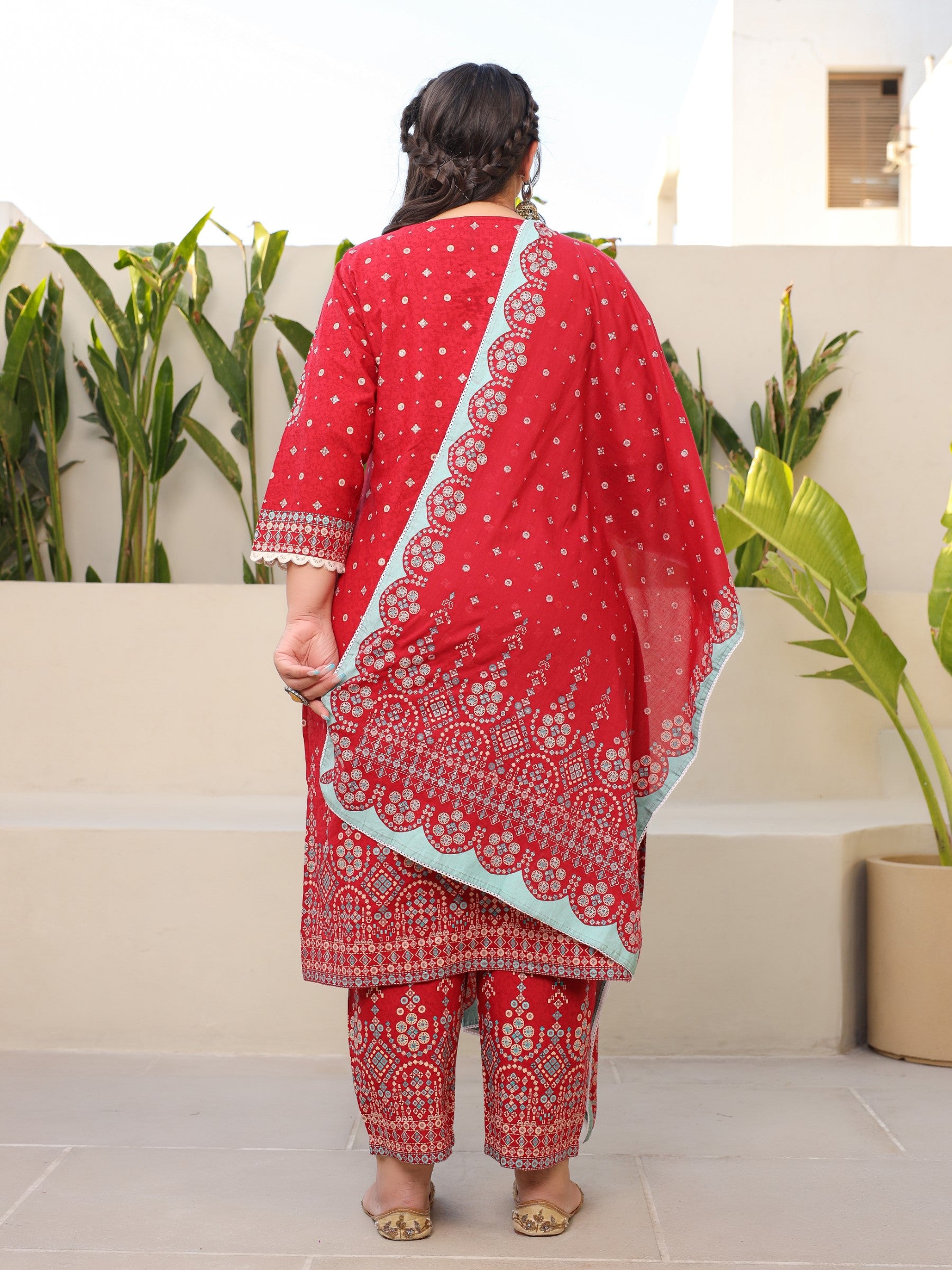 Juniper The Banjara Red Geometric Printed Pure Cotton Plus Size Kurta Pants & Dupatta Set With Beads Sequins & Coins