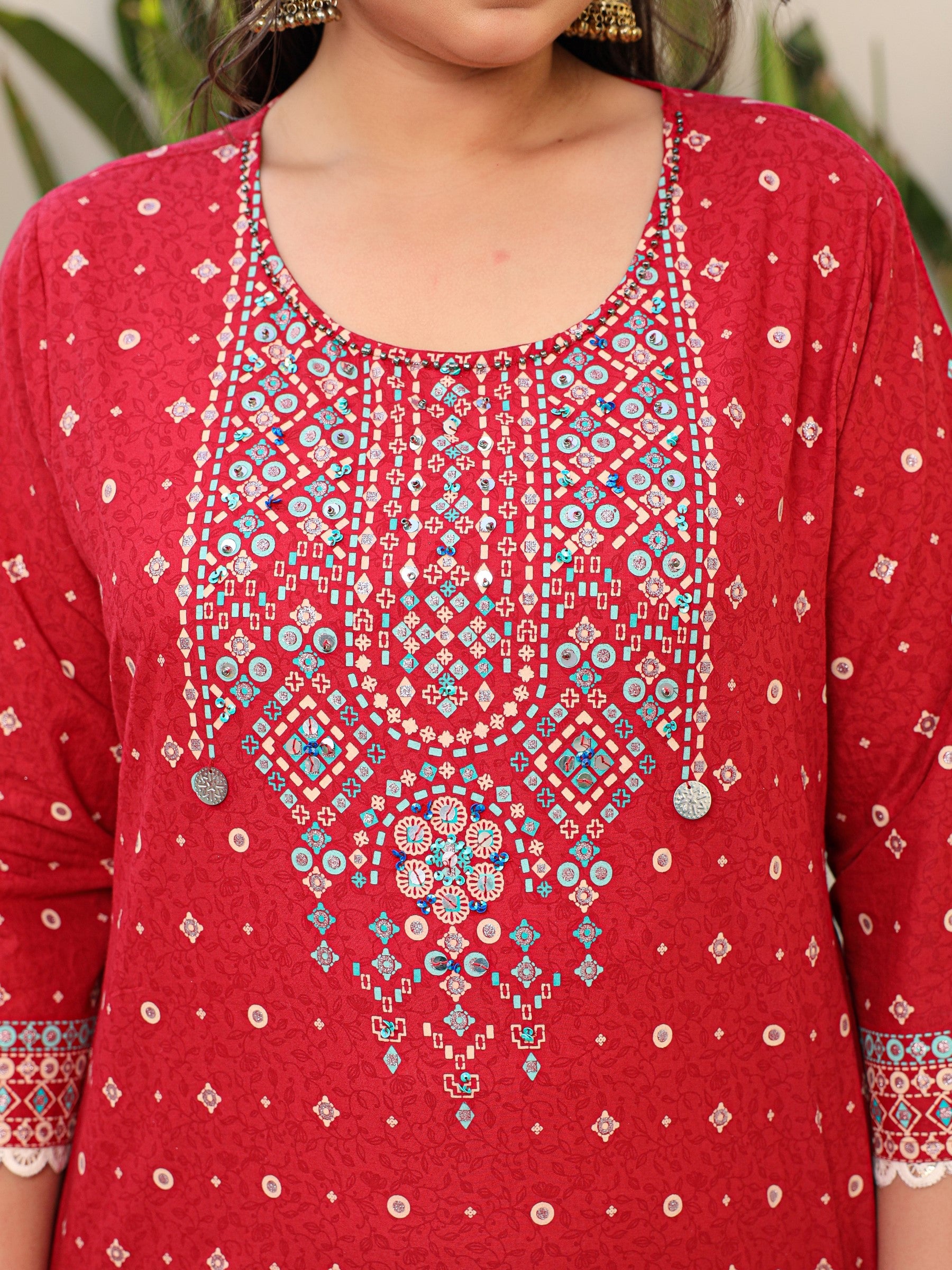 Juniper The Banjara Red Geometric Printed Pure Cotton Plus Size Kurta Pants & Dupatta Set With Beads Sequins & Coins