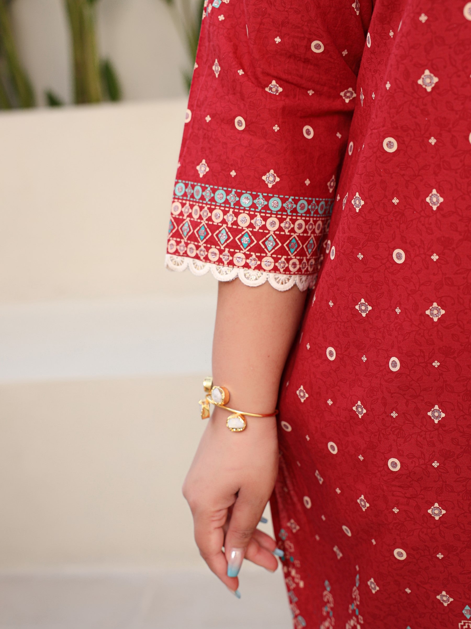 Juniper The Banjara Red Geometric Printed Pure Cotton Plus Size Kurta Pants & Dupatta Set With Beads Sequins & Coins