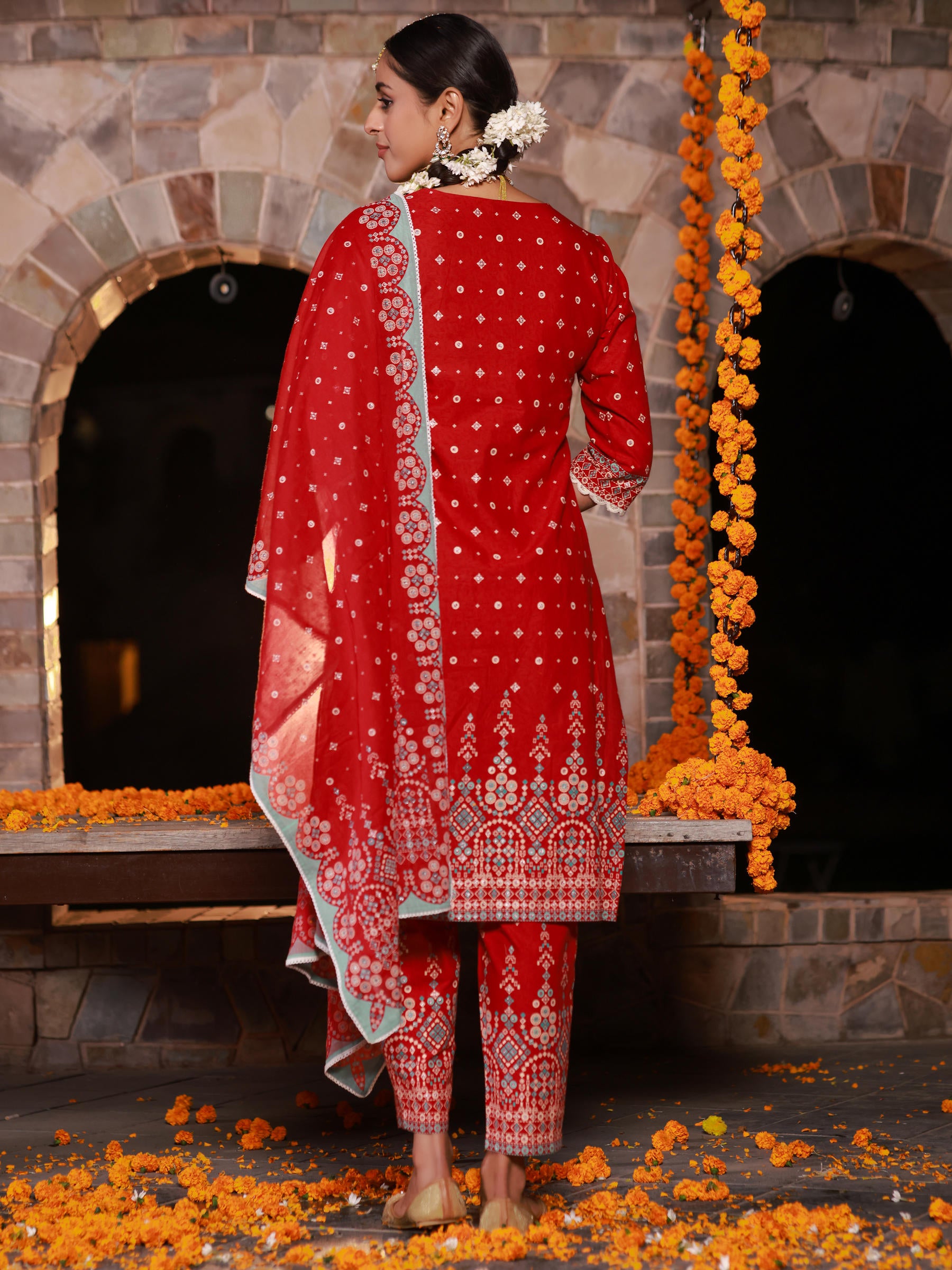 Juniper The Banjara Red Geometric Print Pure Cotton Kurta With Pant & Dupatta Set With Bead Sequin & Coins