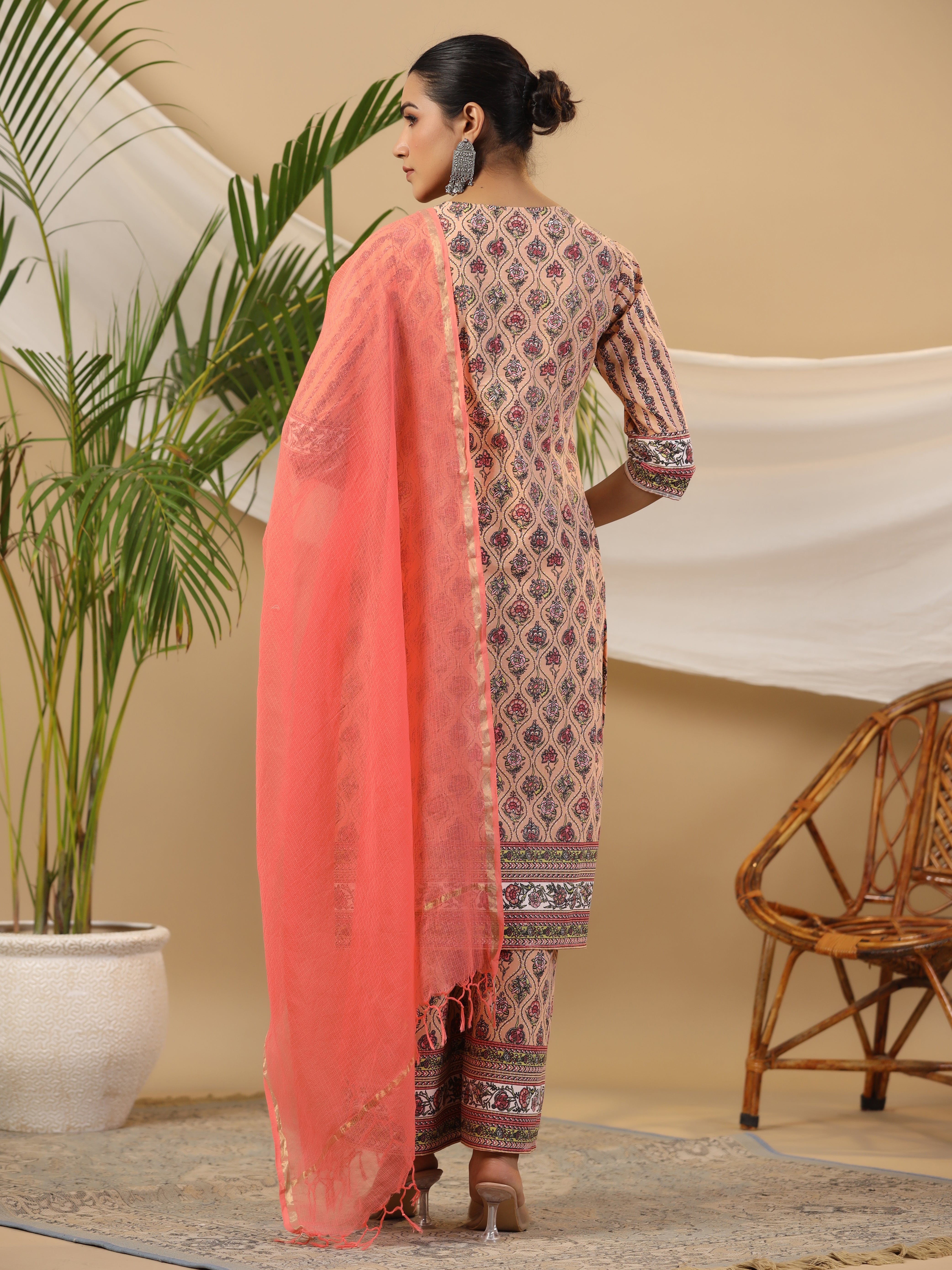 Peach Cotton Cambric Printed Kurta Set