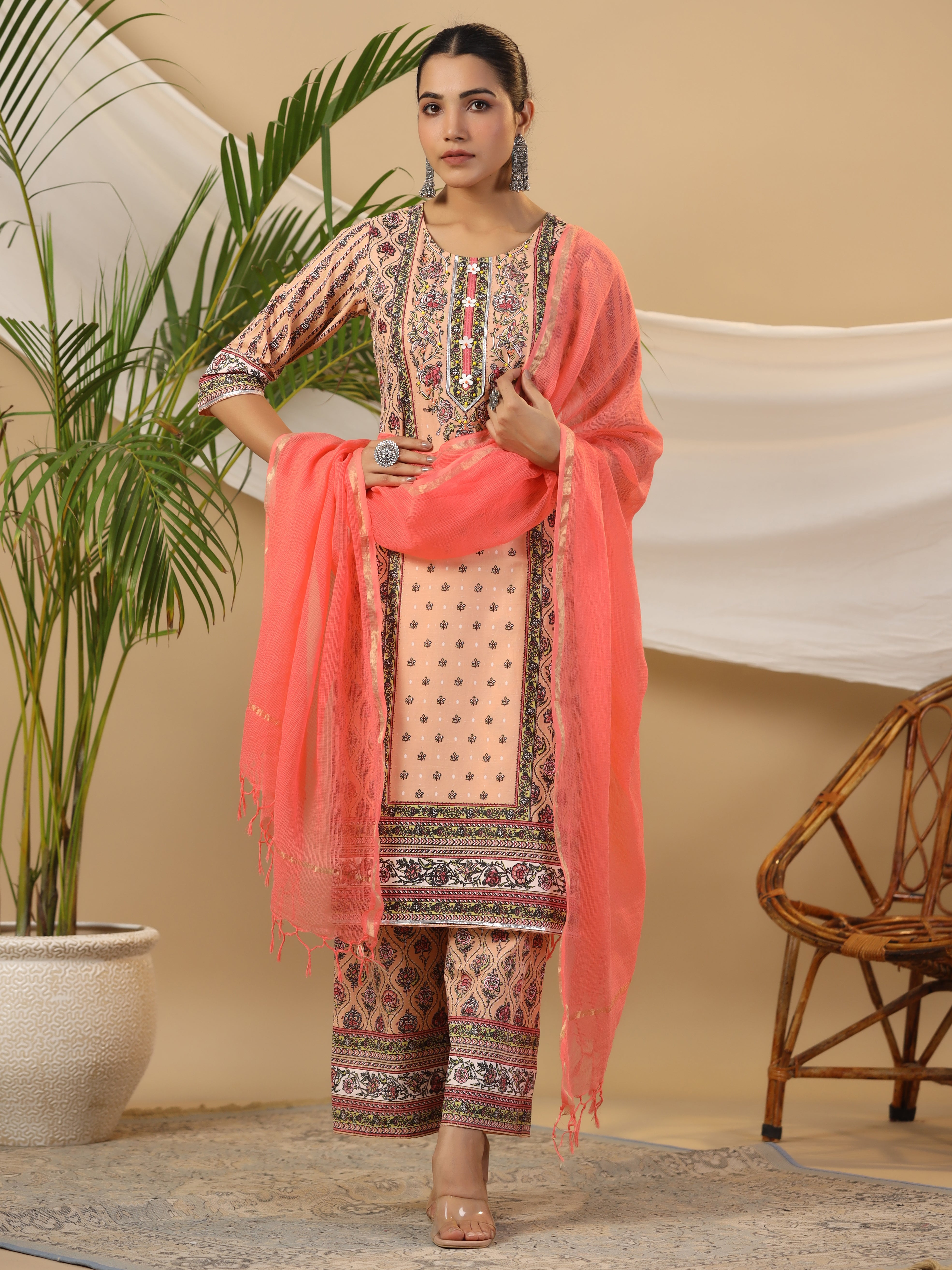 Peach Cotton Cambric Printed Kurta Set