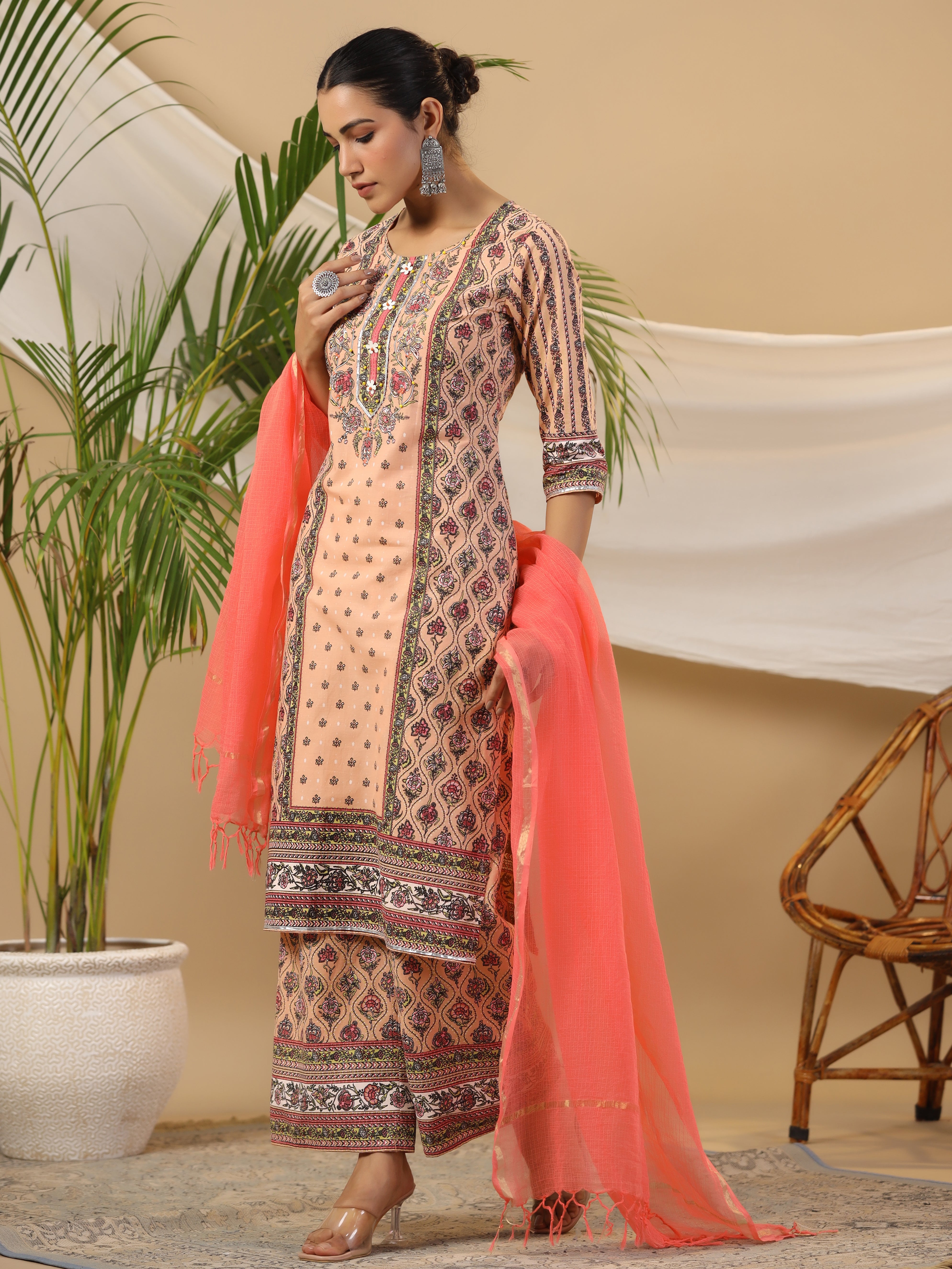 Peach Cotton Cambric Printed Kurta Set