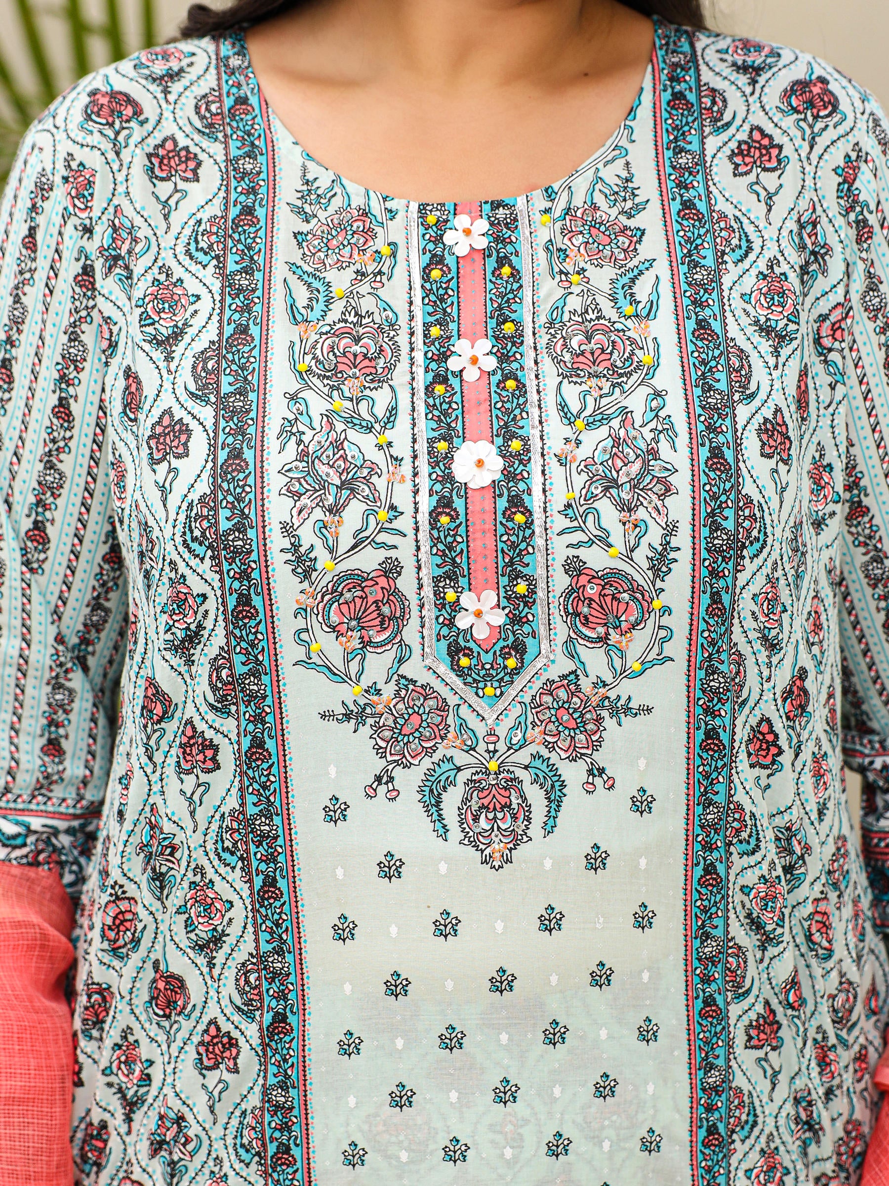Mint Ethnic Motif Printed Cotton Cambric Plus Size Kurta Palazzo & Dupatta Set With Beads & Sequins (3-Pcs)