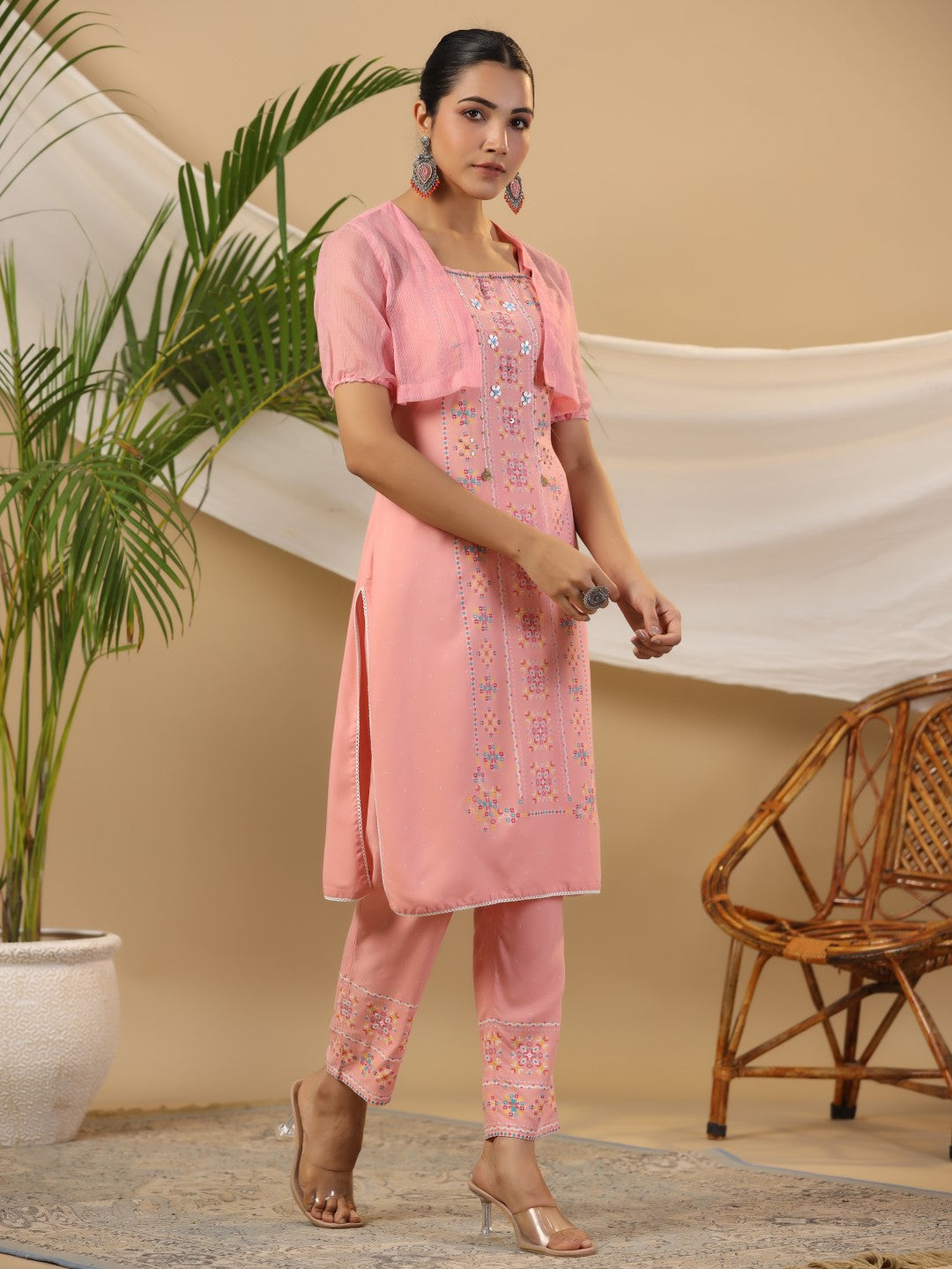 Juniper Peach Geometric Printed Rayon Kurta Pants & Jacket With Sequins Work