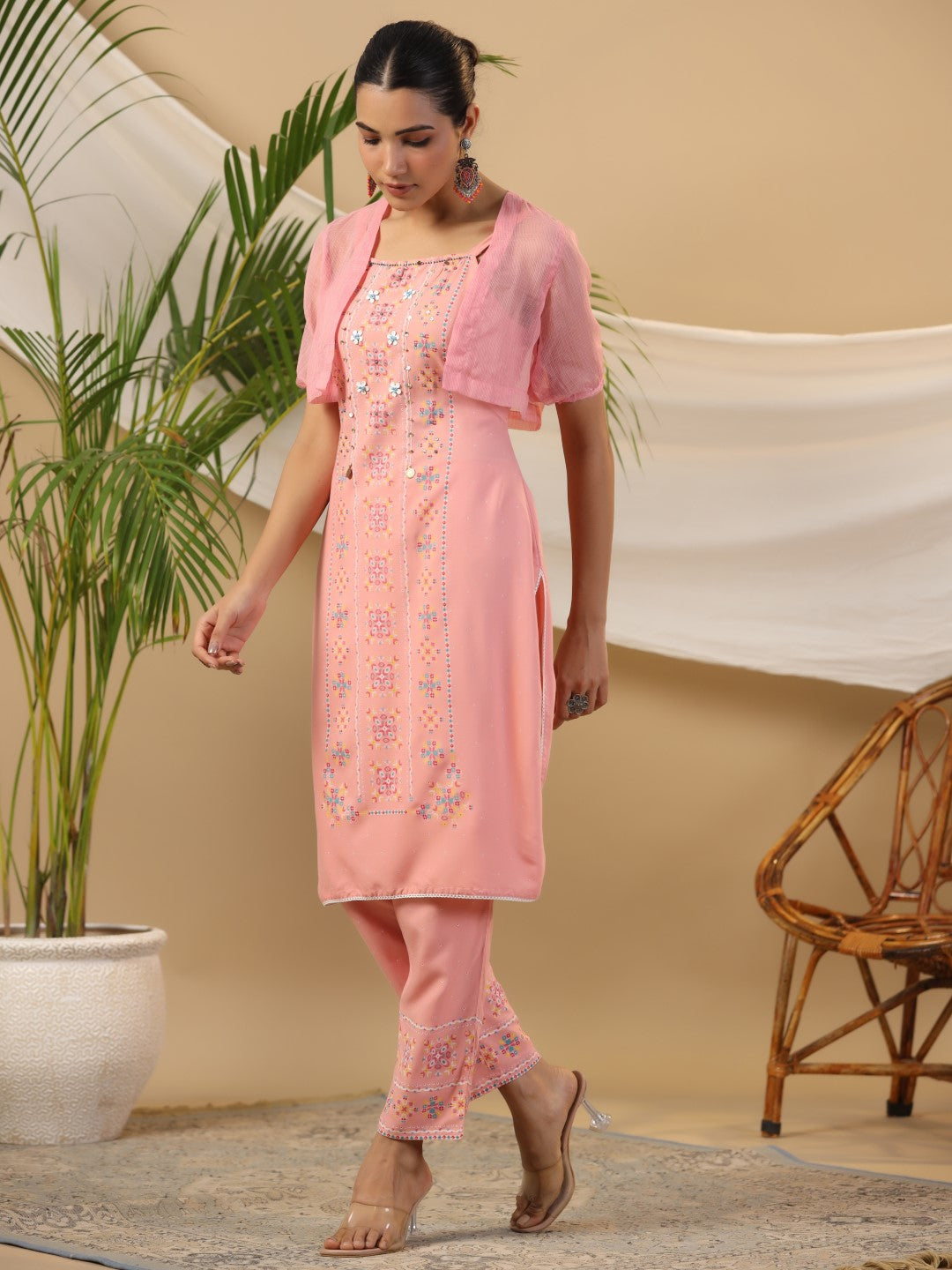 Juniper Peach Geometric Printed Rayon Kurta Pants & Jacket With Sequins Work